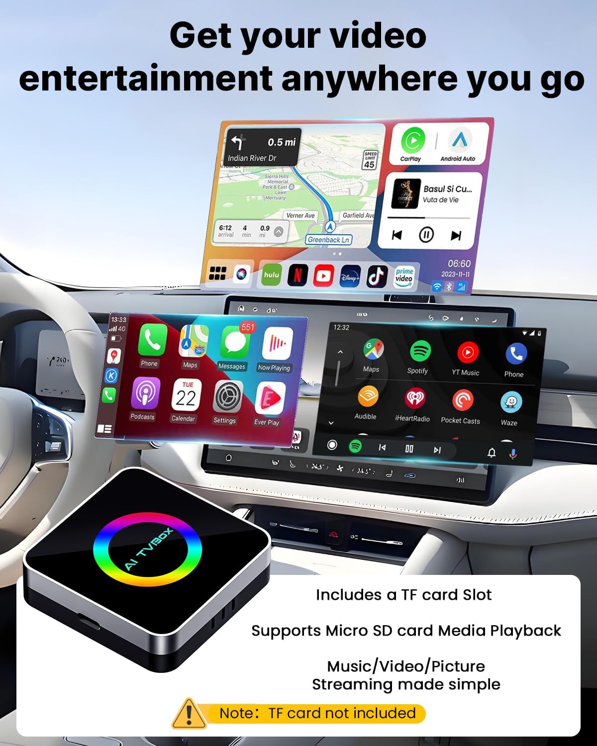 Sehawei Wireless CarPlay & Android Auto Adapter 2025 - Built-in Netflix, YouTube & TF Card Slot - Plug and Play, Convert Wired to Wireless - Compatible with 2015+ Cars, iOS 10+/Android 11+