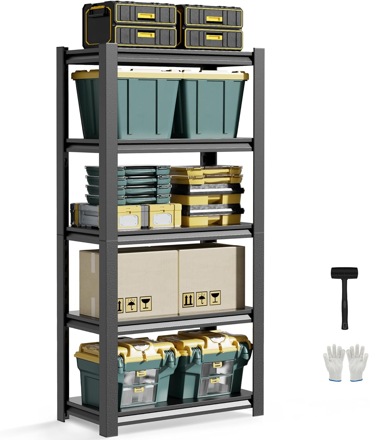 JHYKHG 63" H Storage Shelves,5-Tier Heavy Duty Garage Shelving,Adjustable Shelving Unit,Metal Shelf,Boltless Assembly Rack for Warehouse,Shed,2,500 lb Load,16 x 32 x 63 Inches,Black