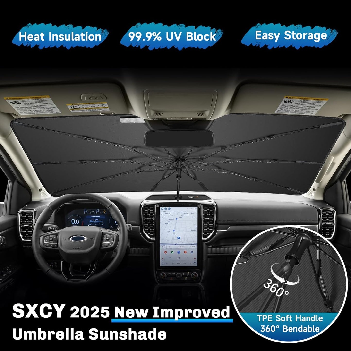 SXCY for 2024 2025 Ford Ranger Windshield Umbrella Sunshade [Easier Foldable] 2024 2025 Ranger Accessories Sunshade Umbrella for 2024 2025 Ranger Windshield Umbrella Sun Shade