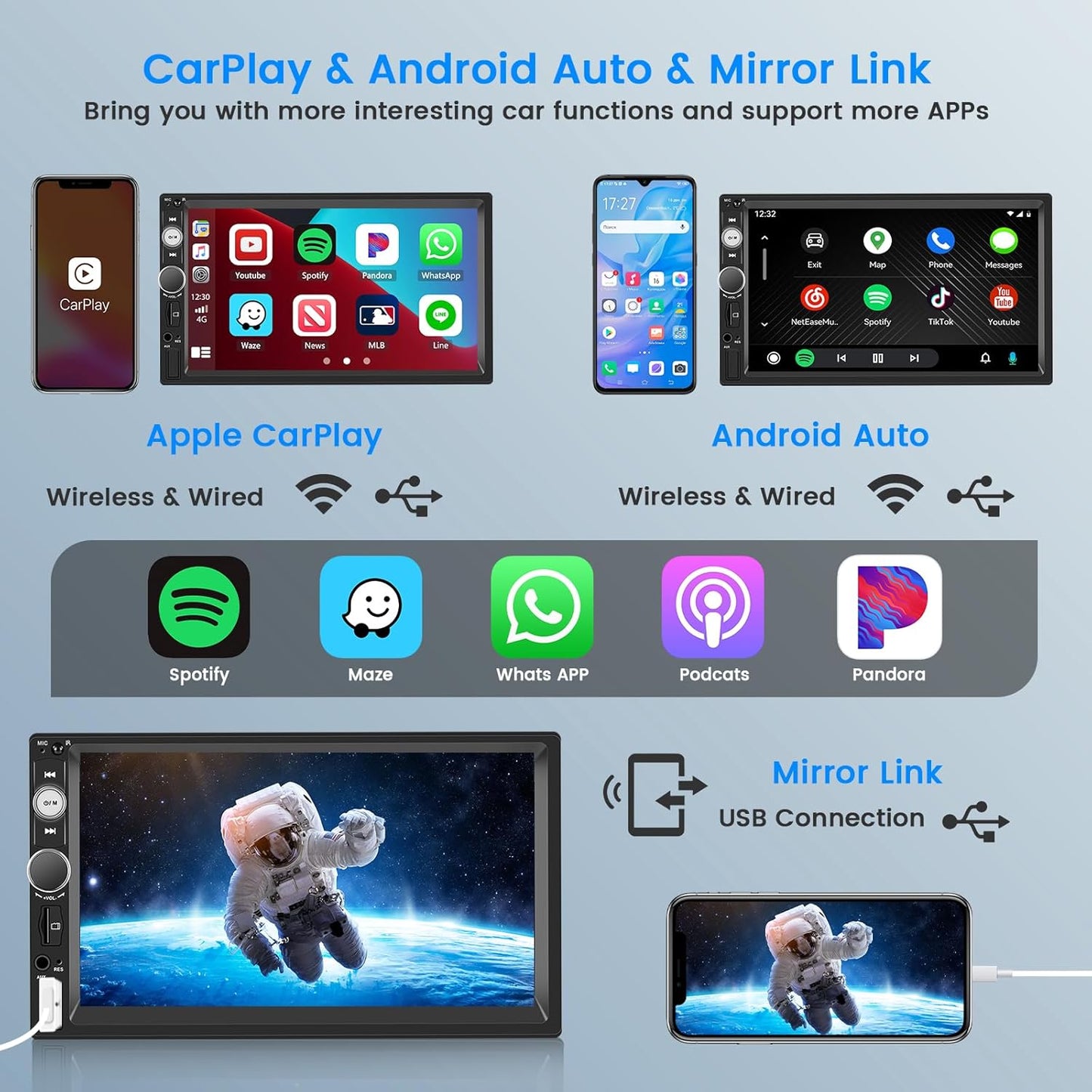 Car Stereo Double Din Wireless Carplay Android Auto, 7 Inch Touchscreen Car Radio Bluetooth 5.1 FM Car Audio Receiver with Backup Camera Mirror Link SWC
