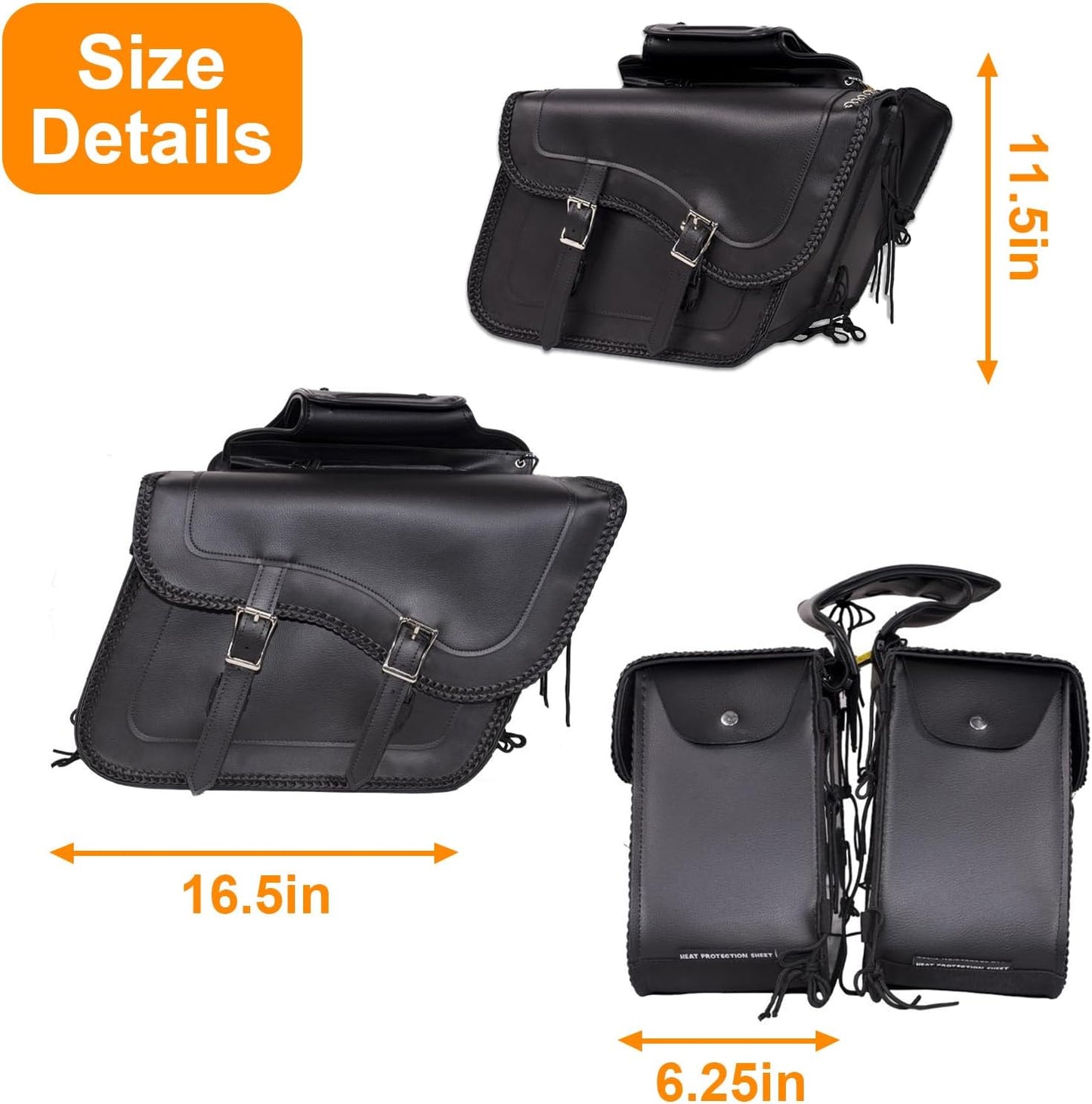 GARGOYLE BELLS Motorcycle Saddle Bags Synthetic Leather Motorcycle Luggage Bag Waterproof Throw Over Saddlebags For Softails Sportsters Choppers Dyna V-star Shadow (No Stud, Black, 16"x13"x11.5")