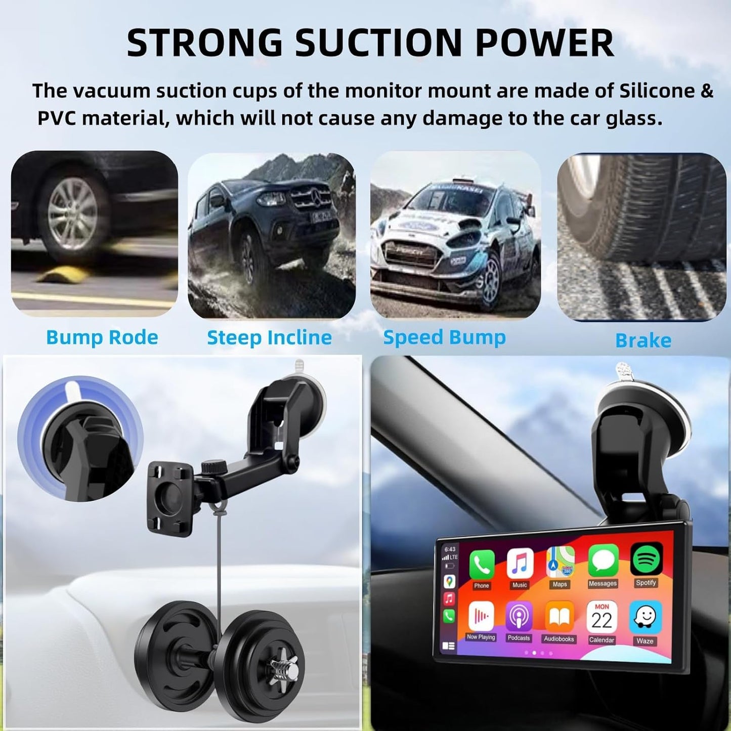 Carplay Mount, 360° Flexible Windshield Dashboard Suction Cup Bracket for 7" 9" 10.26" Inch Carplay Screen Android Auto Car Monitor GPS Mount Phone Holder