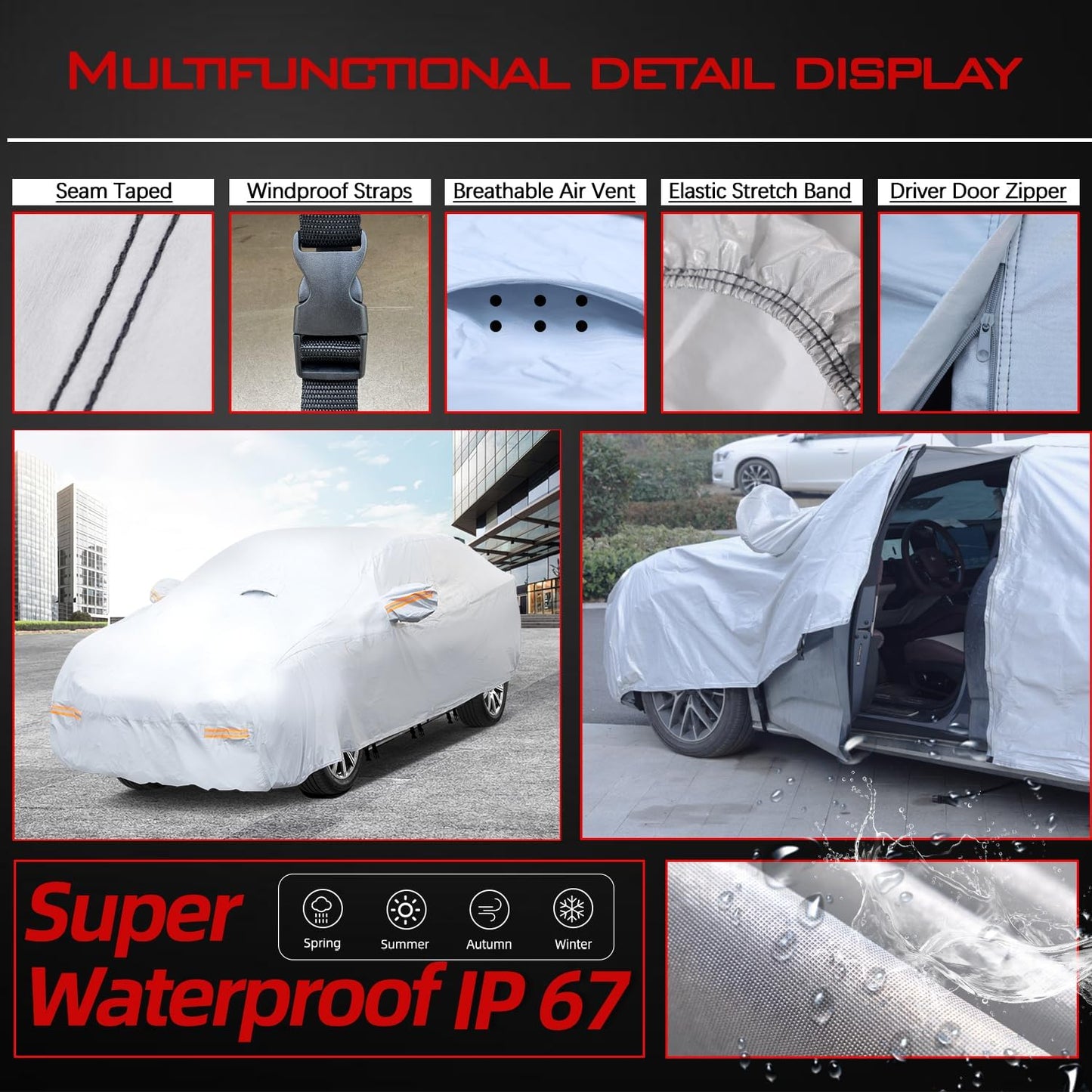 30 Layers Heavy Duty SUV Car Cover for Automobiles All Weather Waterproof, Outdoor Snowproof UV Protection Windproof, Door Zipper, Soft Cotton Universal Car Covers (Silver, Fit SUV 171"-180")