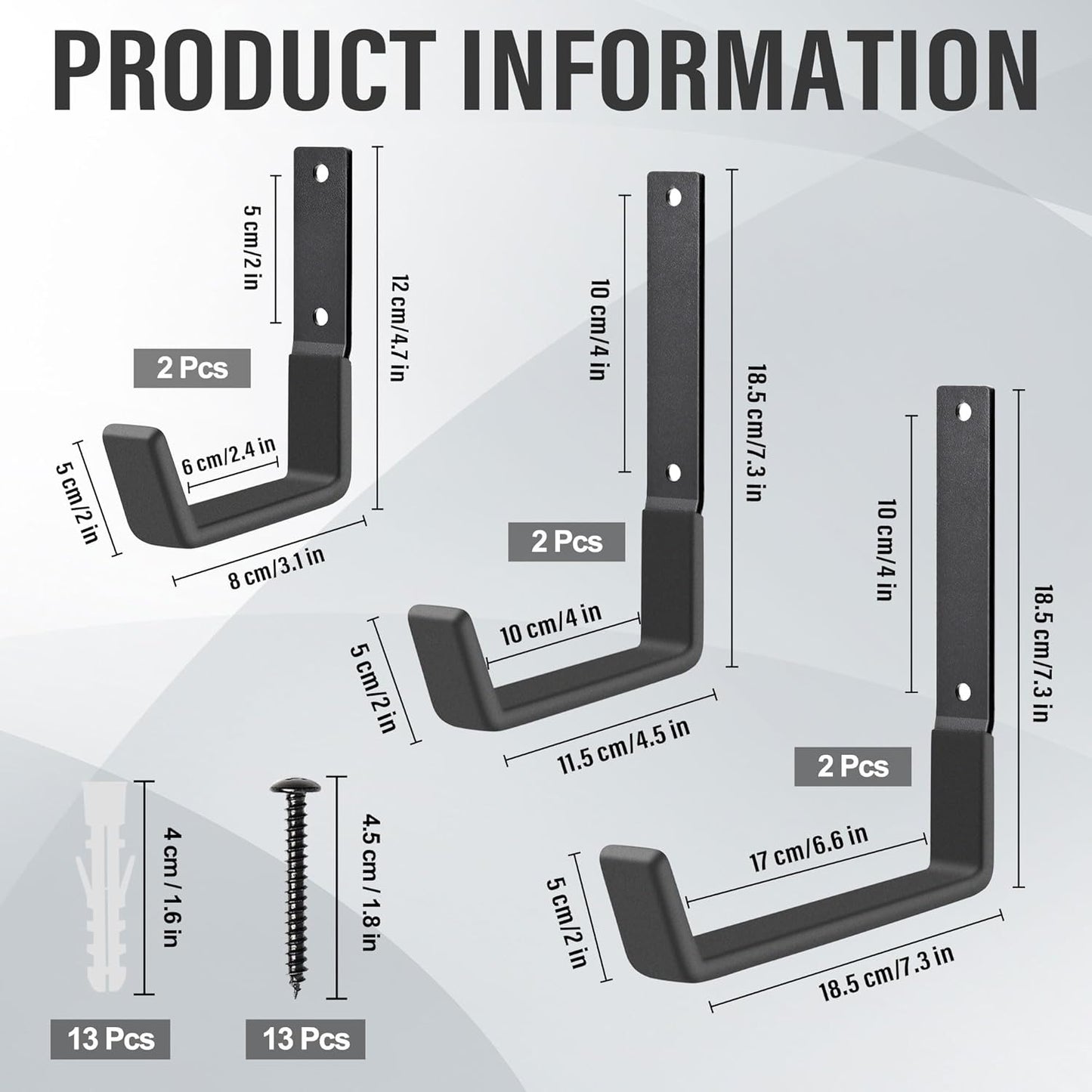 Heavy Duty Utility Hooks, Garage Storage Wall Mount Steel Hooks, Garden Tool Hanger, Garage Organizer for Tool, Ladder, Folding Chair, Hose, Ropes, Bike, etc.(2 S, 2 M, 2 L)