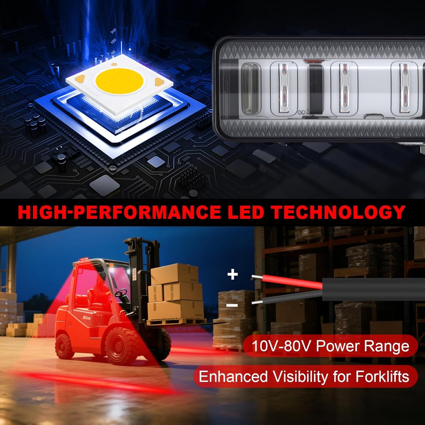 LED Forklift Safety Light Red for AGV Automated Guided Vehicle, Forklift Truck, Industrial Lift, Warehouse Safety, IP67 Waterproof, Aluminum Housing (2PCS)