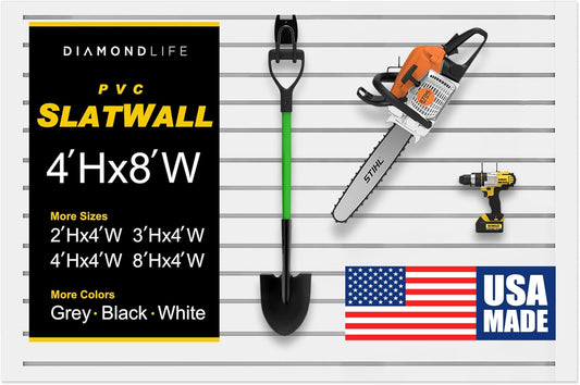 4'H x 8'W Slatwall Panel Garage Wall Organizer: Heavy Duty Wall Mounted PVC Wall Rack, Interlocking Slat Wall Paneling for Garage Wall Storage, Slatwall Board or Slatwall Shelves System - White