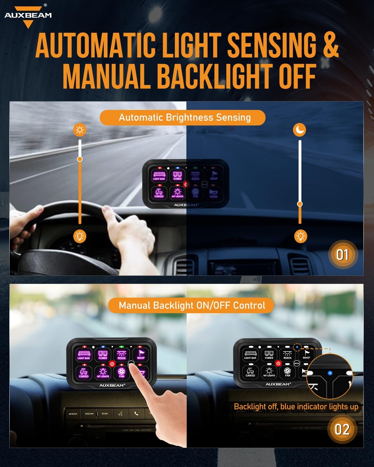 Auxbeam 8 Gang Switch Panel RC-800 RGB Wireless Remote Control Range Up to 165FT Multifunction Switch Pod 3 lighting modes with Backlit Off and Auto Dimmable for RV Offroad Waterproof 2 Years Warranty