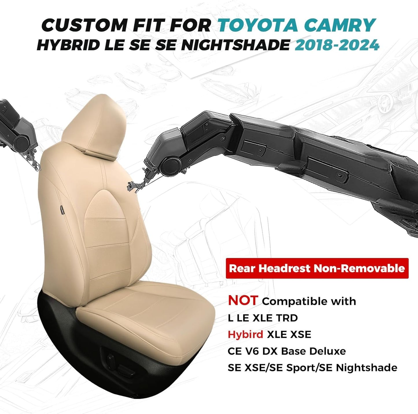 for Toyota Camry Seat Covers Hybrid LE SE 2018 2019 2020 2021 2022 2023 2024 - Custom Car Seat Covers Full Set, Breathable Leather Seat Cover for Cars, Waterproof Cushion Protectors, Beige