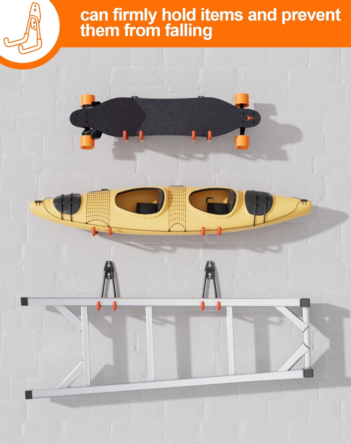 QcoQce 12 Pack Garage Hooks Heavy Duty, Utility Wall Mount Hooks for Hanging Bike, Ladder, Hose, with Extension Cord Straps and Anti-Slip Coating, Garage Organization, Includes Screws (Orange)