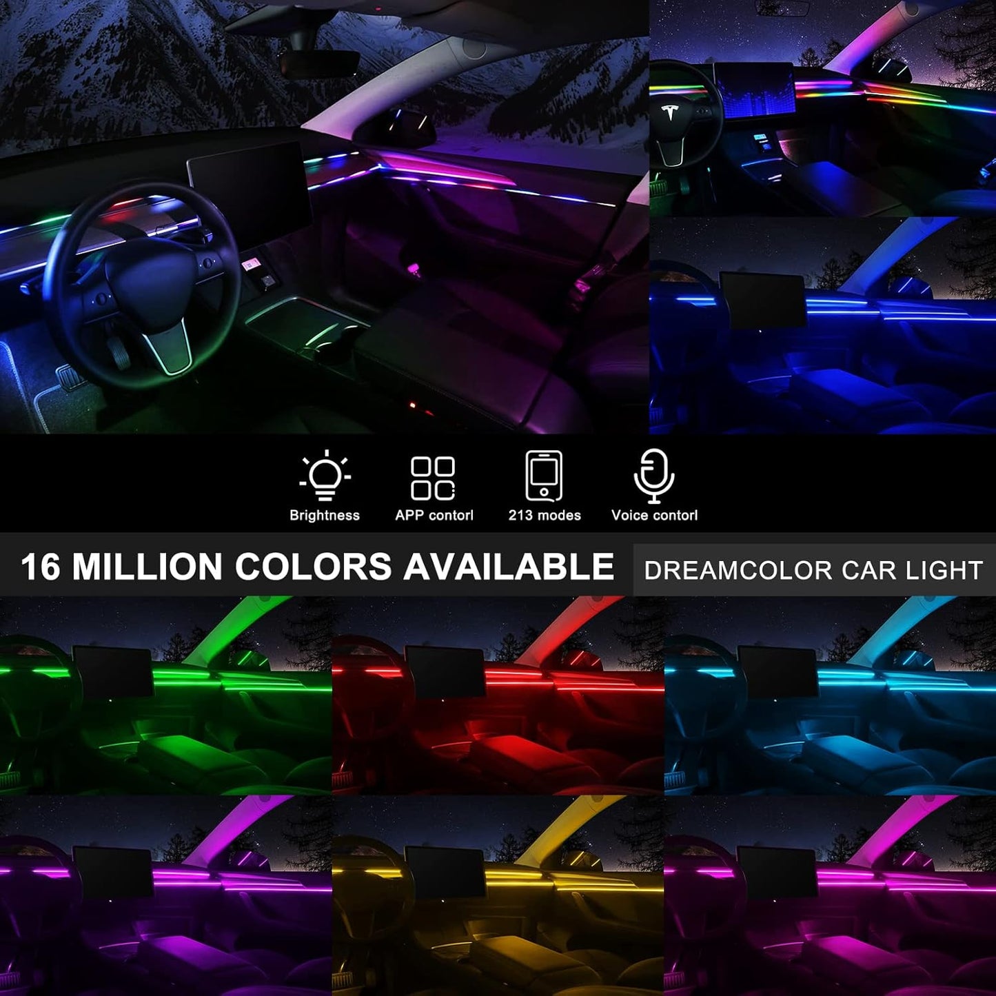 Dreamcolor Acrylic Interior Car LED Strip Light with Wireless APP, RGB 18 in 1 with 175 inches 593 LEDs Fiber Optic Ambient Lighting Kits, 16 Million Colors Sound Active Function Car Neon Lights
