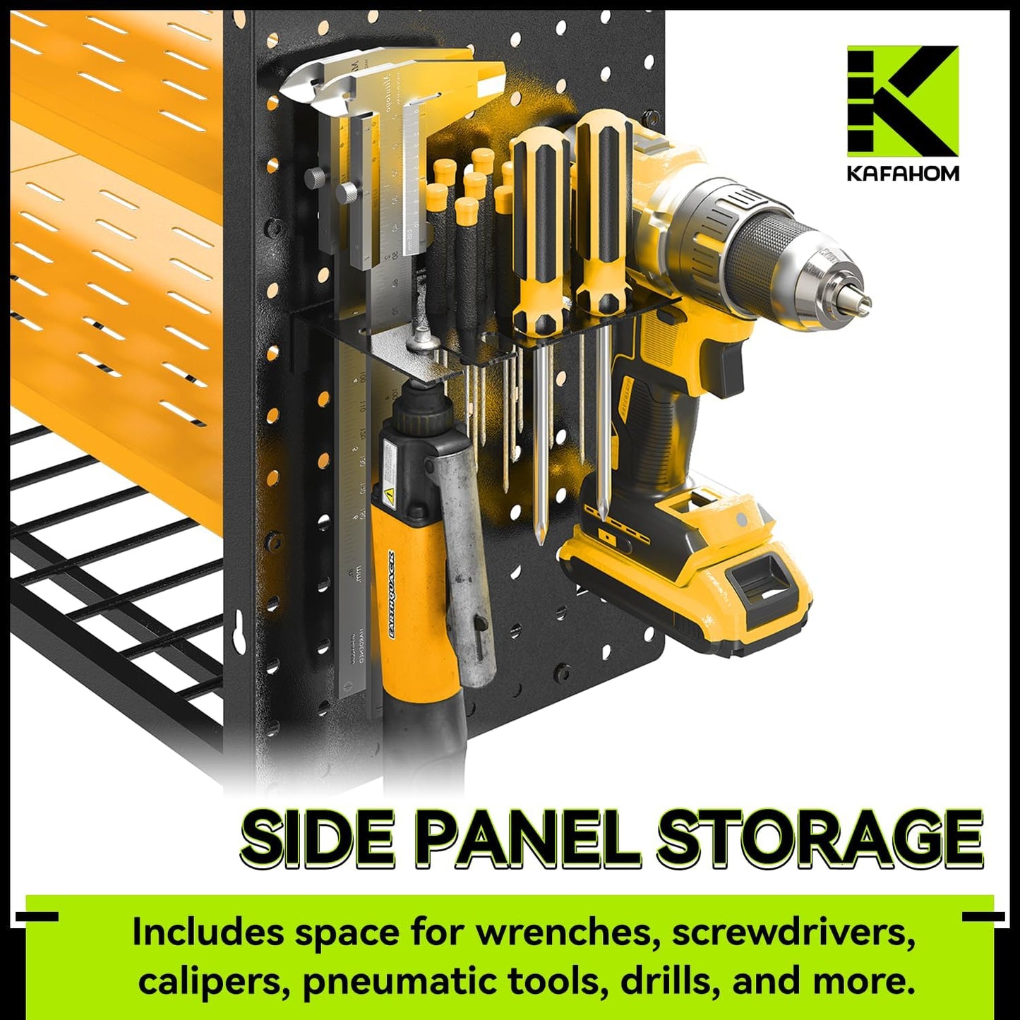 KAFAHOM Power Tool Organizer with Charging Station,9 Drill Holder Wall Mount,4 Layer Durable Metal Cordless Drill Storage for Garage Organization,Battery Tool Rack Built in 7 Outlet Power Strip-Yellow