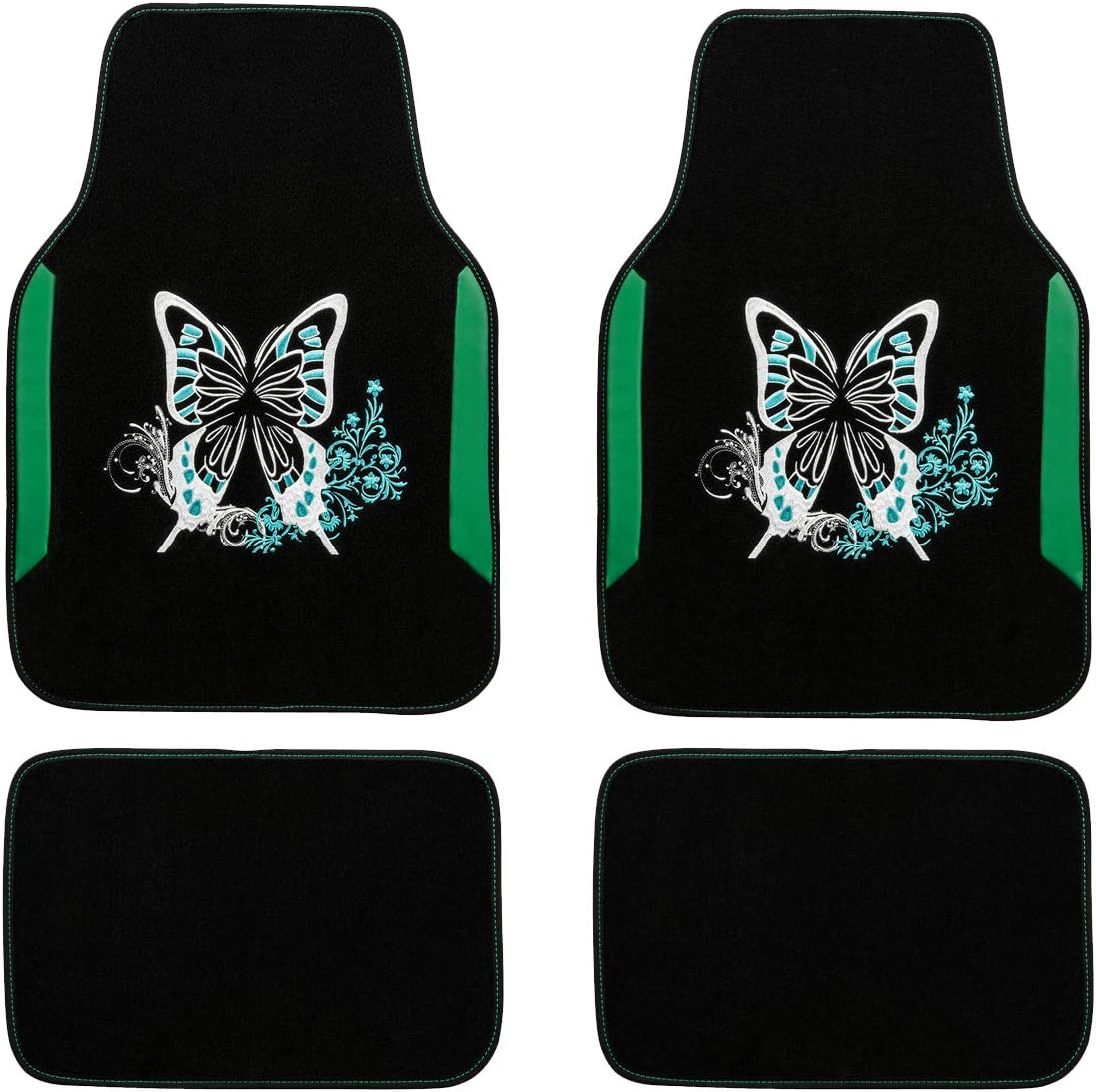 CAR PASS Embroidery Butterfly Car Floor Mats, Green Carpet Floor mats with Heel Pad, Universal Fit for Suvs,Sedans,Trucks,Cars, Set of 4 (Black and Green)