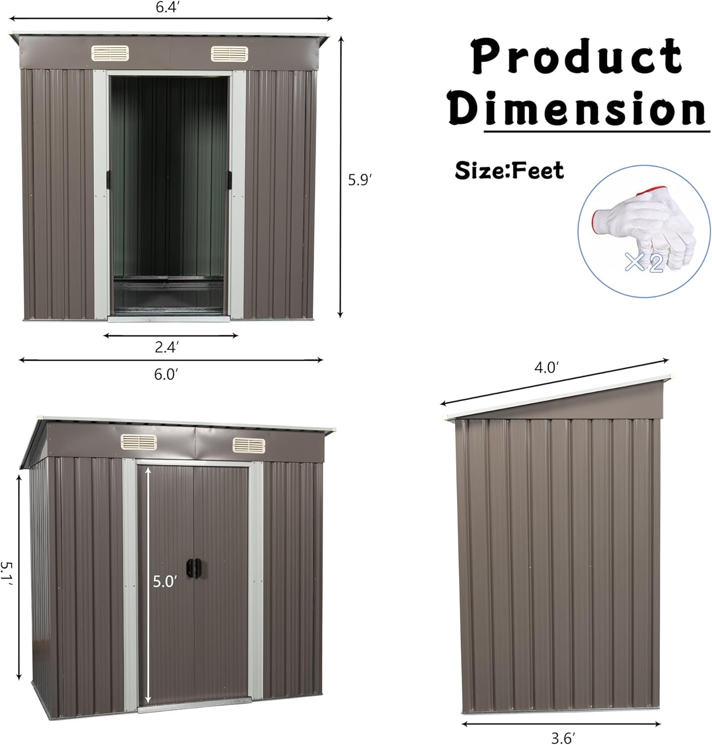 6 x 4 FT Outdoor Storage Shed,Metal Anti-Corrosion Utility Tool House with Punched Vents, w/Sliding Doors & Padlock,Waterproof Garden Sheds for Backyard Lawn Patio,Grey