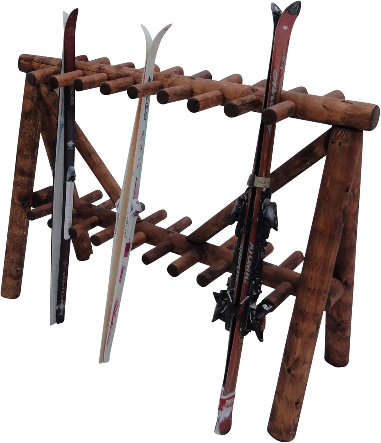 21-Place Freestanding Log Ski Rack Holder, Indoor & Outdoor Snowboard Racks, Standing Storage, Garage Racks for Snow Skis & Poles, Snowboard Rack Garage Storage Organizer-Canyon Brown + 15" Anchor Kit