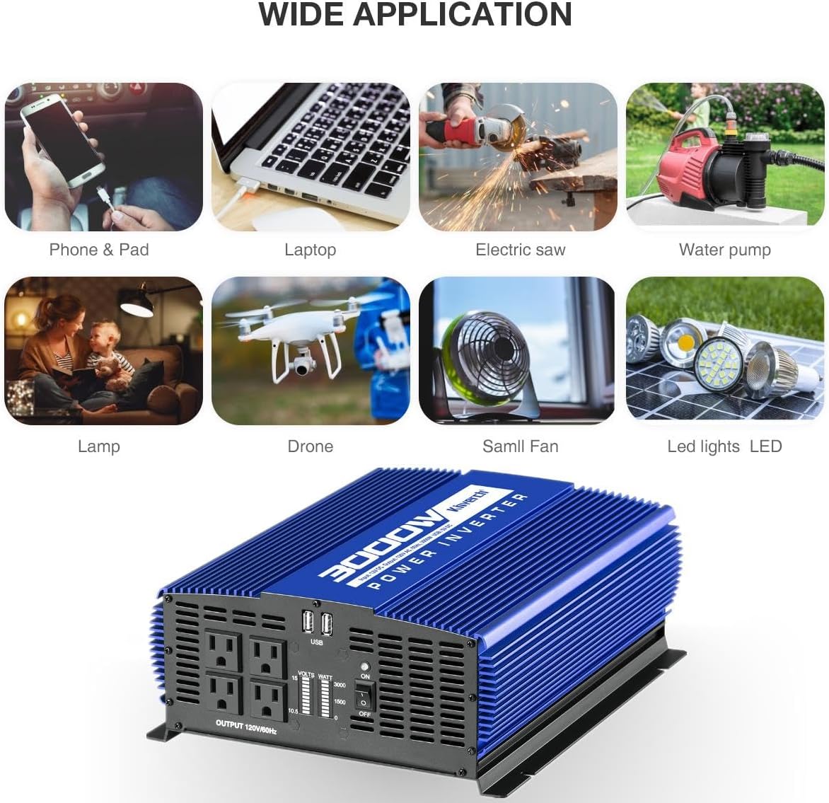 3000W Power Inverter 12V DC to 110V AC Car Battery Inverter with 4 AC Outlets /2 USB Port, Car Inverter for Home/Truck/Boat/RV Power Inverters for Vehicles