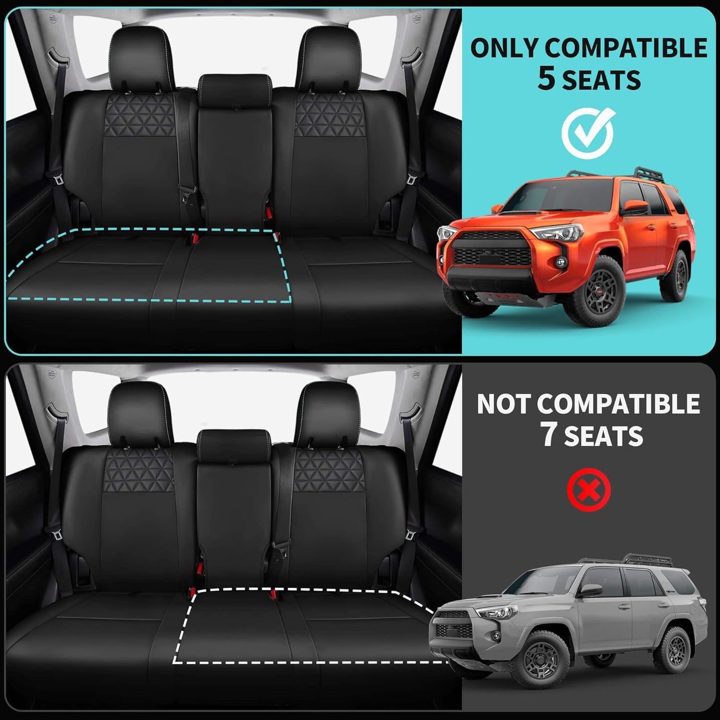 Seat Covers for Toyota 4Runner 2011-2024, Faux Leather Car Seat Cover Full Set, 2-Row-Only for 5 Seats Version-Blackwhite