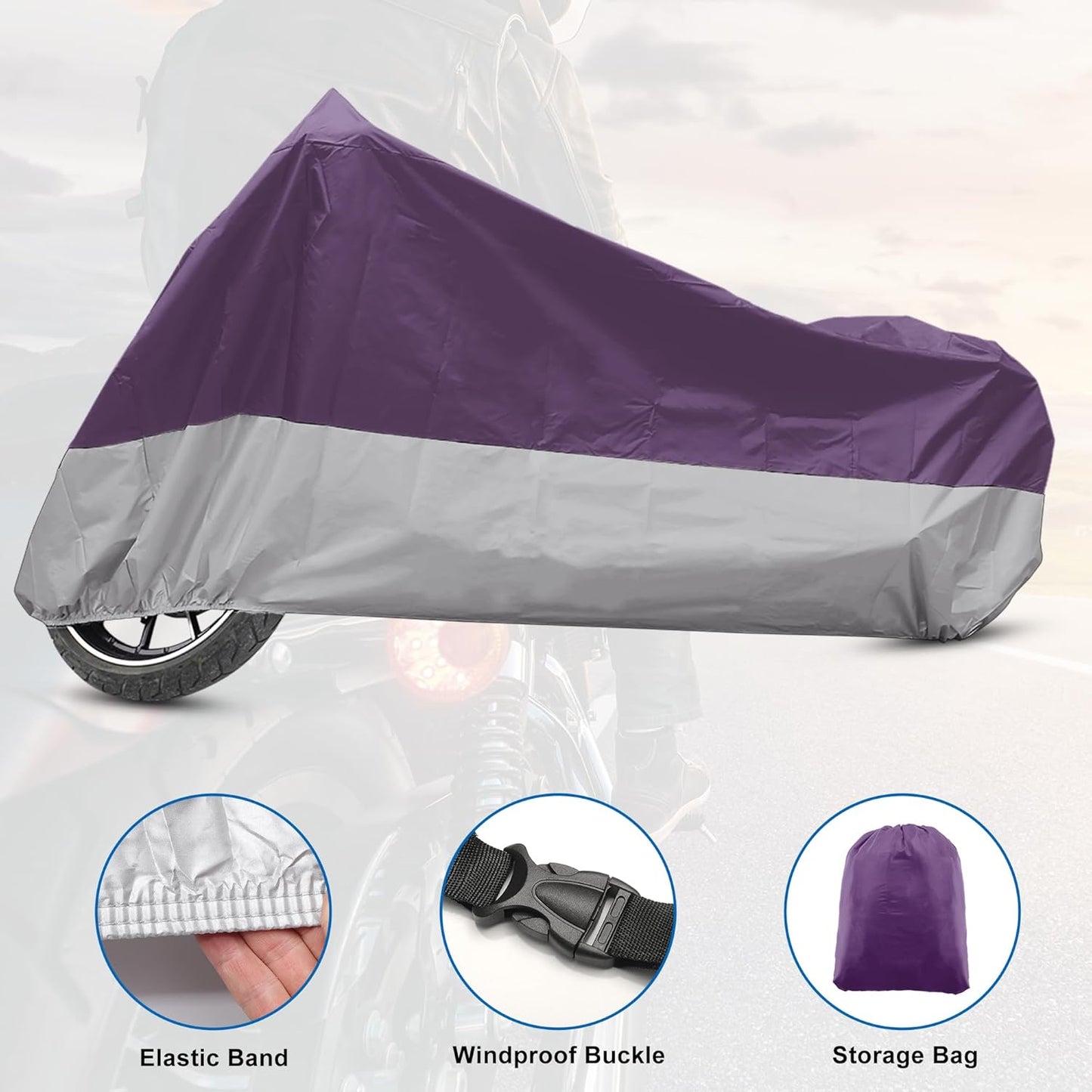 X AUTOHAUX Motorcycle Cover for Harley Davidson for Honda for Suzuki All Season Weather Waterproof Sun Motorbike Cover Fits Up to 78.74'' Motorcycles Vehicle Cover M Purple Silver Tone