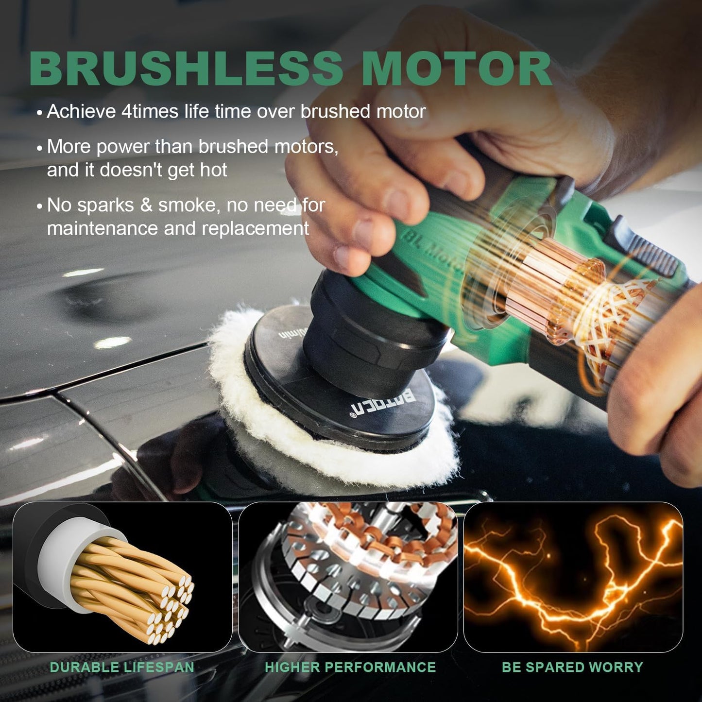 BATOCA S4 Cordless Car Buffer Polisher Rotary Polisher & Dual Action Polisher with 2pcs 12V 2.5Ah Batteries 1&3inch Mini Car Detailing Polishing Kit, 4 Speeds Brushless Polisher for Car Detailing
