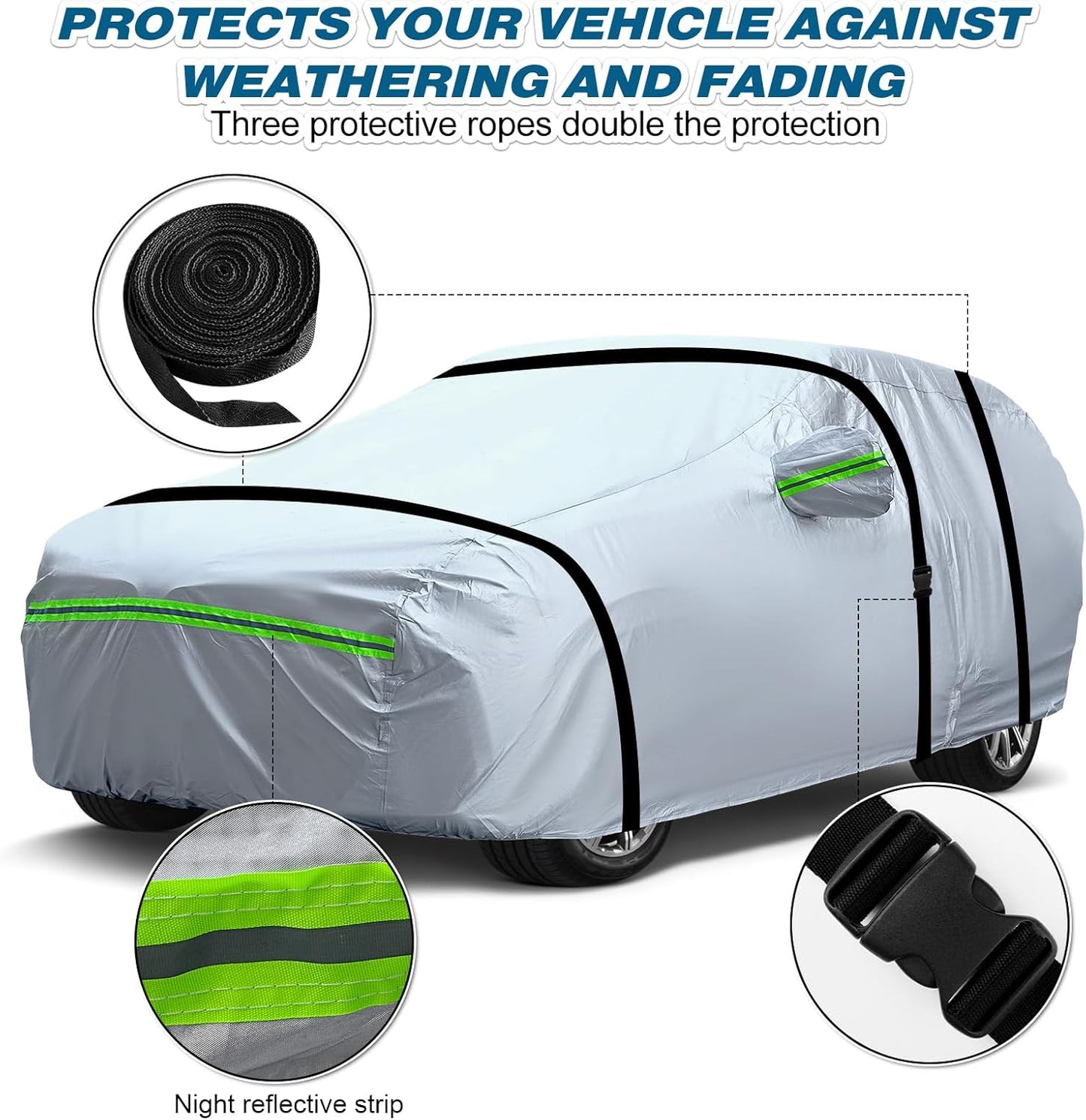 TUCAREST 6-Layers Premium Full Car Cover Hard Shell Zipper Design Waterproof All Weather Weatherproof UV Sun Protection Snow Dust Storm Resistant Outdoor with Straps (Fit for Sedan 178"- 189")