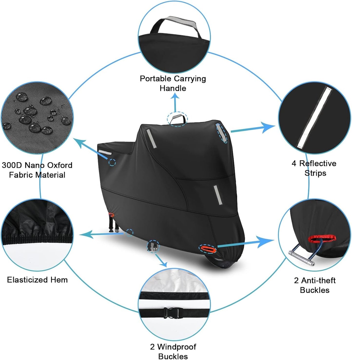 Waterproof Motorbike Cover Outdoor, Motorcycle Scooter Moped Rain Dust Cover with 5 Reflective Strips and 2 Windproof Buckles, 2 Lock-Holes for Cruisers Sportbikes (3XL: 104 x 35 x 49 inch)