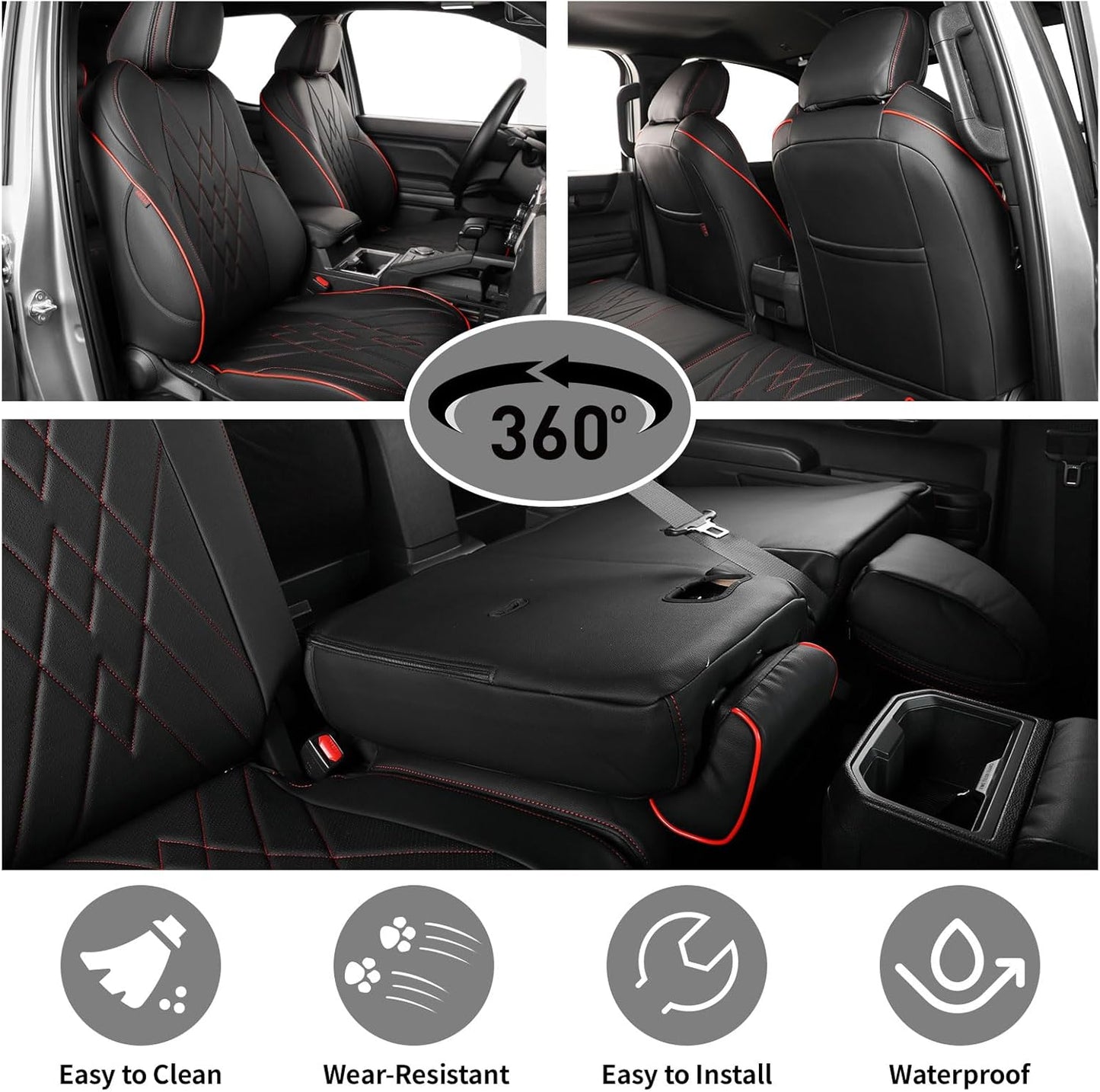 EKR Custom Fit Tacoma Car Seat Covers for Select Toyota Tacoma (Petrol) 2024 2025 Double cab SR,SR5,TRD Sport,TRD Off-Road,Limited - Full Set,Leather(Black with Red Trim)