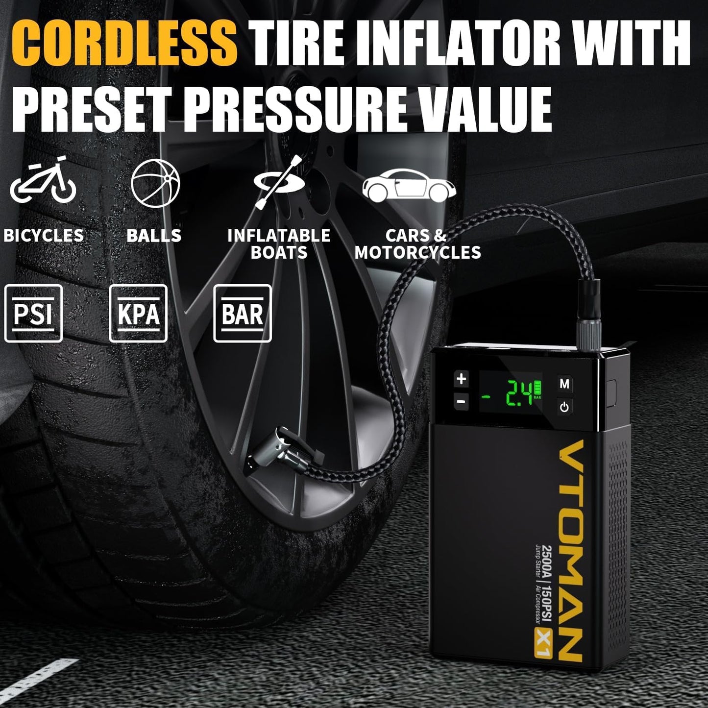 VTOMAN X1 Jump Starter with Air Compressor, Car Battery Jumper Starter (2500A,Up to 8.5L Gas/6L Diesel Engine) with 150PSI Auto Tire Inflator, 12V Portable Booster Pack, Lithium Jump Box Charger-Black