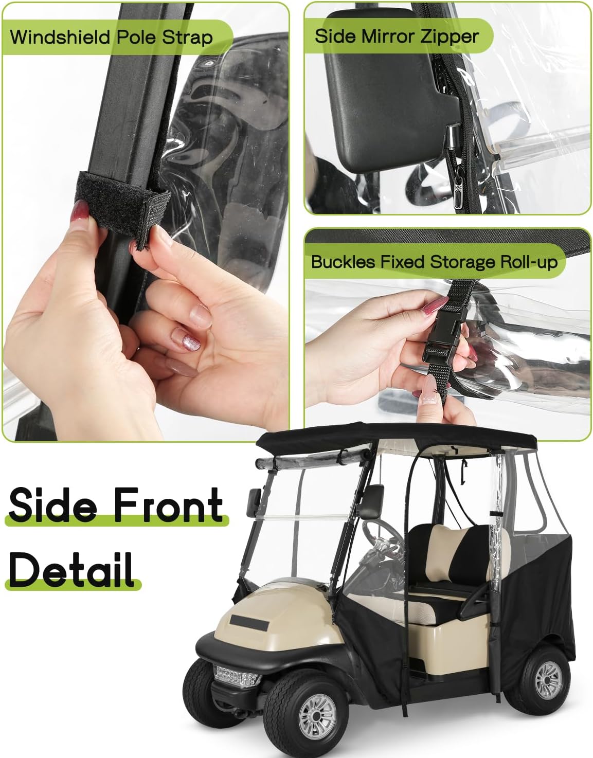 Golf Cart Enclosure 2 Passenger for Club Car Precedent & Tempo & Onward 2-Person Seaters Waterproof Transparent Driving Rain Enclosure Cover with 4-Sided Clear Windows Mirror Zipper Roll-Up Door Black