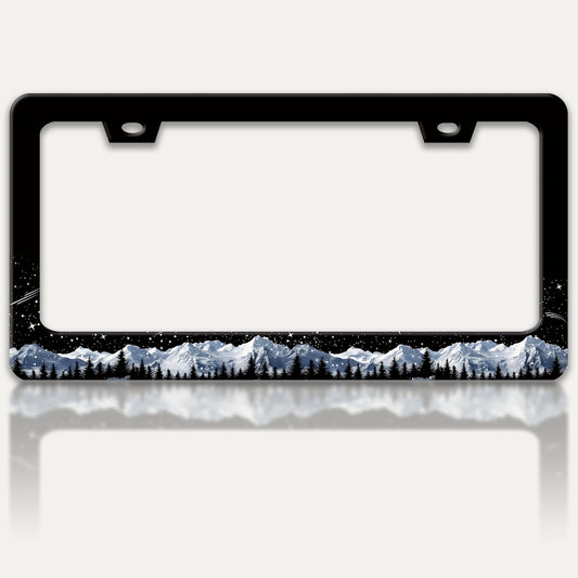 Snow Mountains License Plate Frame Starry Sky Mountain Forest License Plate Holders Funny Stainless Steel Auto Accessory Bracket 2 Hole with Screws for US Vehicles 6x12 Inch