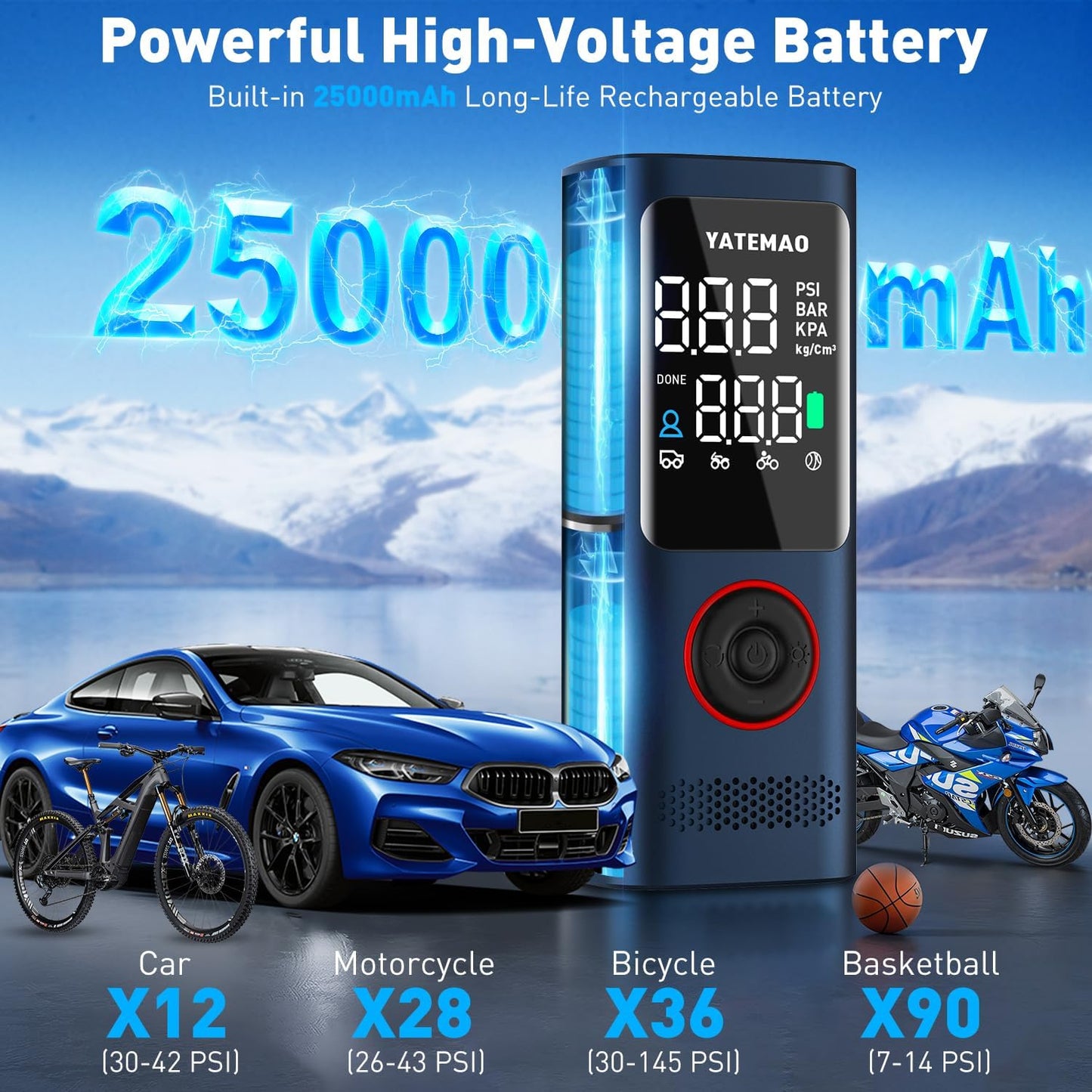 Tire Inflator Portable Air Compressor - tire inflator 25000mAh & 160PSI，4X Fast portable air compressor with LCD Digital Tire Gauge Pressure，Cordless air pump for car tires,bike, Motorcycle, Ball