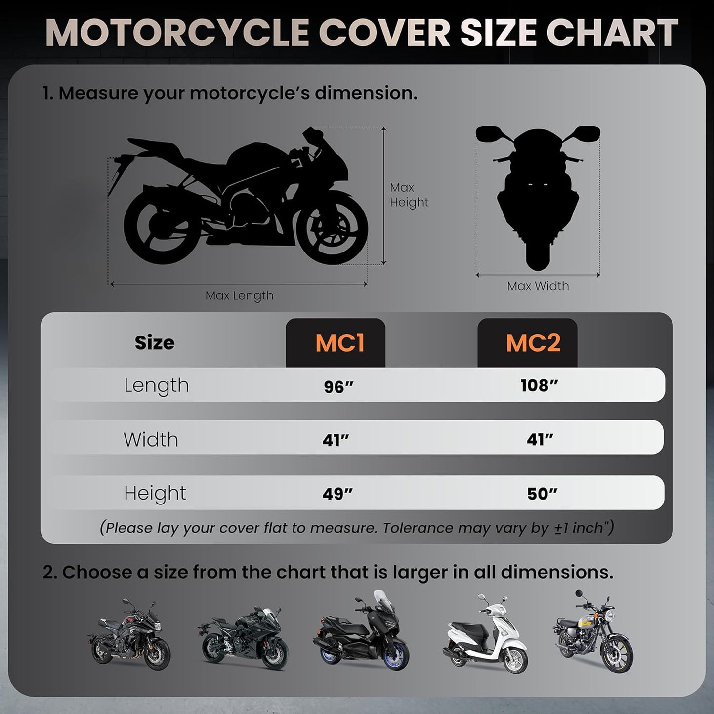 Motorcycle Cover Waterproof Outdoor with Cotton Lining, All Weather Protection from Rain, Dust & Snow - 300D Heavy Duty, Lock Holes, Storage Bag, Universal Fits up to 108" Motorcycles - MC2
