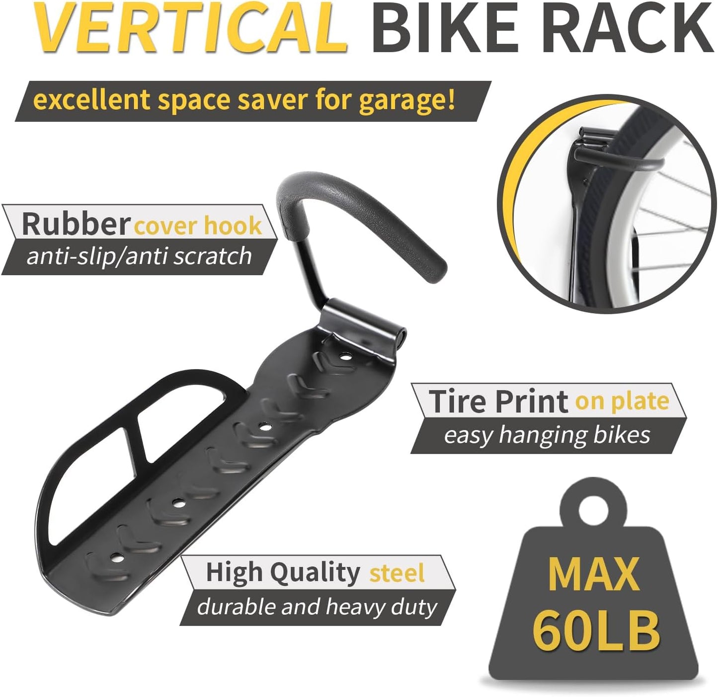 Vertical Bike Rack Wall Mount for Garage–Heavy-Duty Steel Bicycle Hook for Indoor Storage, Space-Saving Holder for Road, Mountain & Hybrid Bikes, Fits Tires Up to 2.6" Wide (1 Pack)