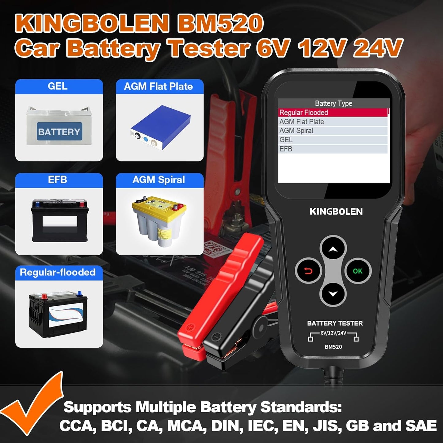 KINGBOLEN BM520 6V 12V 24V Car Battery Tester, 100-2000 CCA Automotive Load Tester Accurate Digital Auto Battery Analyzer Cranking and Charging System Tester for Cars Trucks SUV Motorcycle