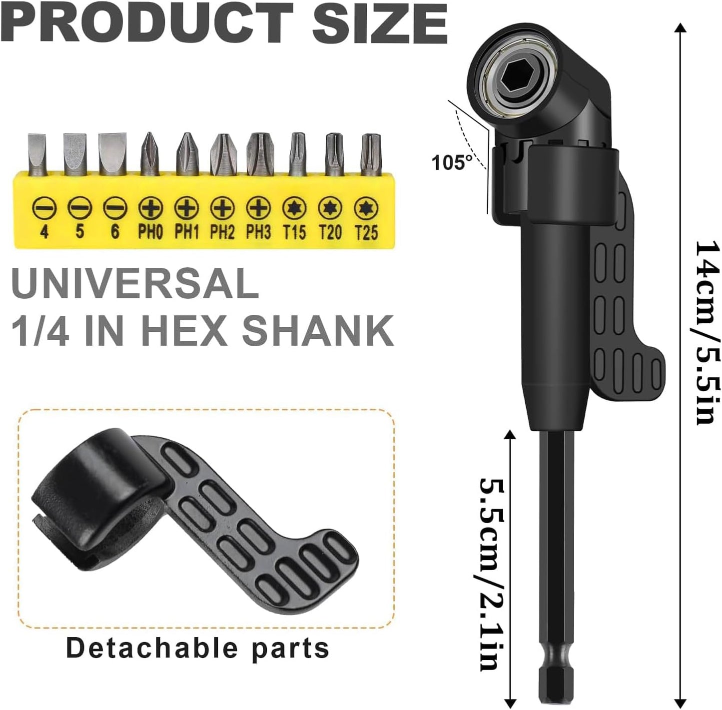 17pcs Flexible Drill Bit Extension, Include 3pcs Rotatable Socket Adapter 2pcs Hex Shank 105° Right Angle Drill Attachment 10 Short Screwdriver Bits Bendable Extension and 90° Angled Bits