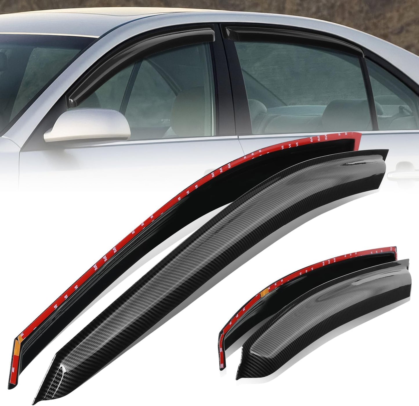 Auto Dynasty Set of 4 Carbon Fiber Pattern Window Visors Compatible with Sonata 2006 2007 2008 2009 2010, Tape-On Rain Guards Shield Vent Shade Deflector Glossy Black