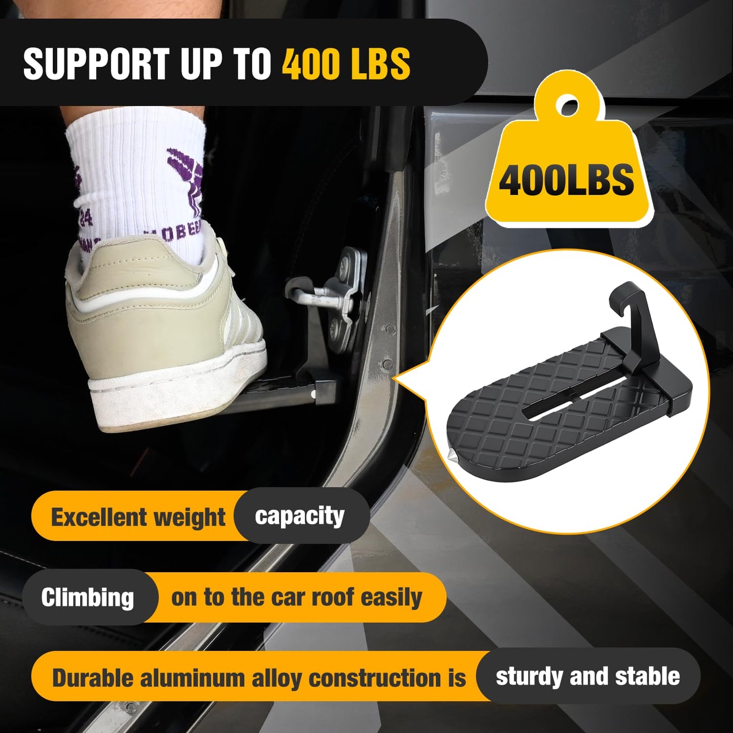 Nilight Car Door Step for Roof Access Universal Car Step Hook for Roof SUV Trucks Folding Aluminum Alloy Vehicle Door Latch Step Pedal with Glass Breaker Safety Hammer, Max Load 400lbs, 2 Pack Black