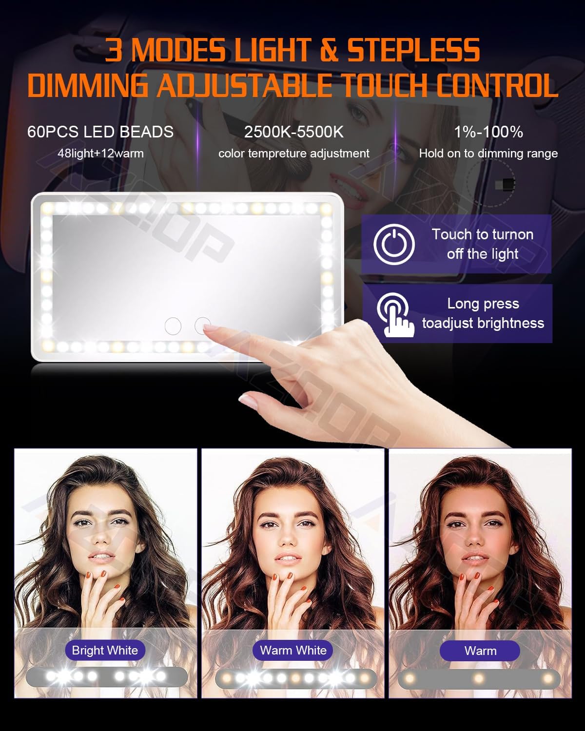 2 Pcs Car Sun Visor Vanity Mirror, Upgraded Car's Mirrors with Lights, Makeup Mirror with 3 Light Modes, Dimmable Touch Screen, Rectangular White, Universal for Car SUV Truck