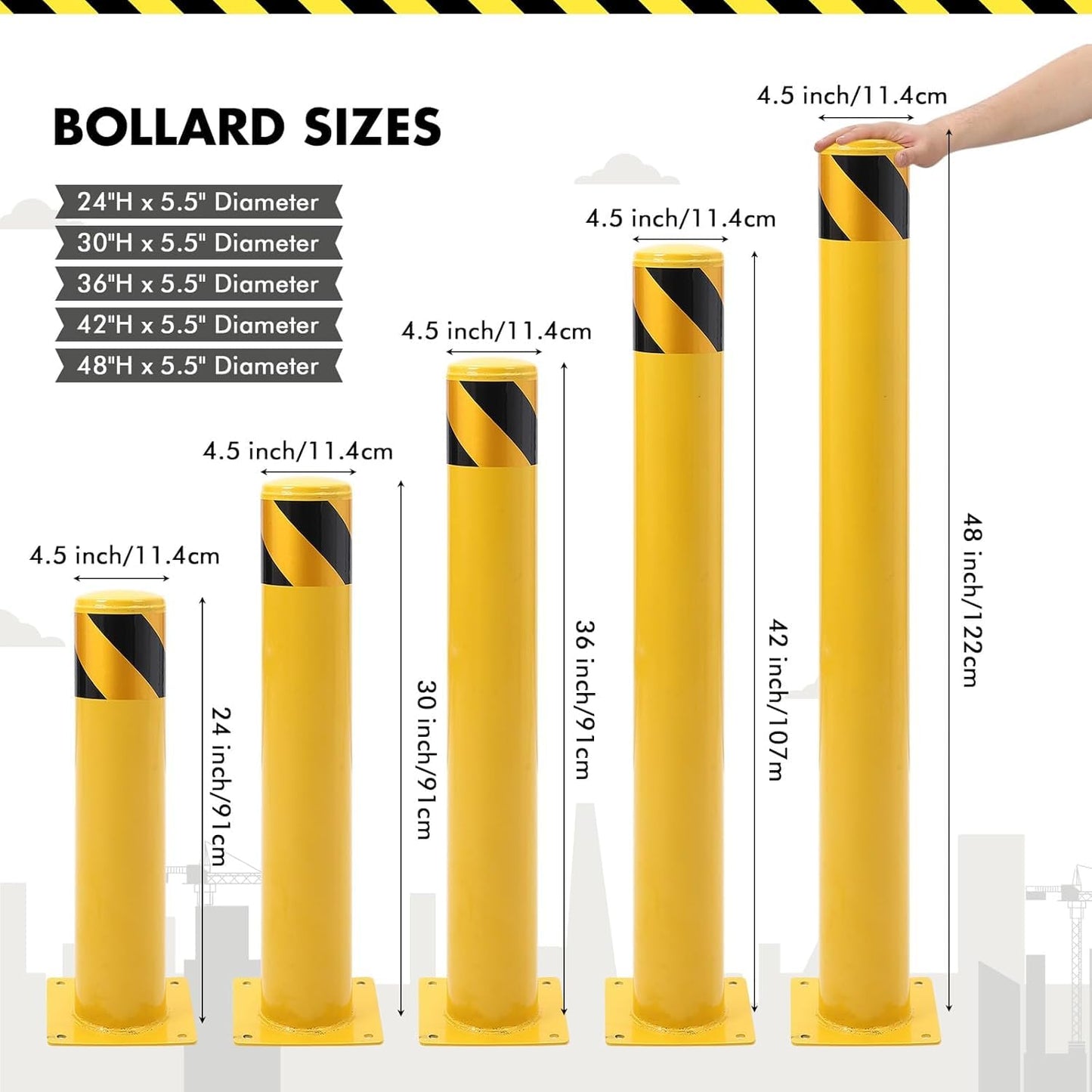 6 Pack Safety Bollard Post, 48 Inch Height 4.5 Inch Diameter Yellow Pipe Safety Steel Bollards with Anchor Bolts and Wrench, Steel Bollards for Road Warning Construction Traffic Control