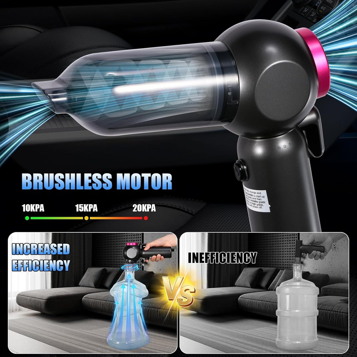 Car Vacuum Portable Handheld Cordless Vacuums, 20000PA Suction, 6000mAh Blower, Window Breaker, Seatbelt Cutter for Car, Home & Office Cleaning