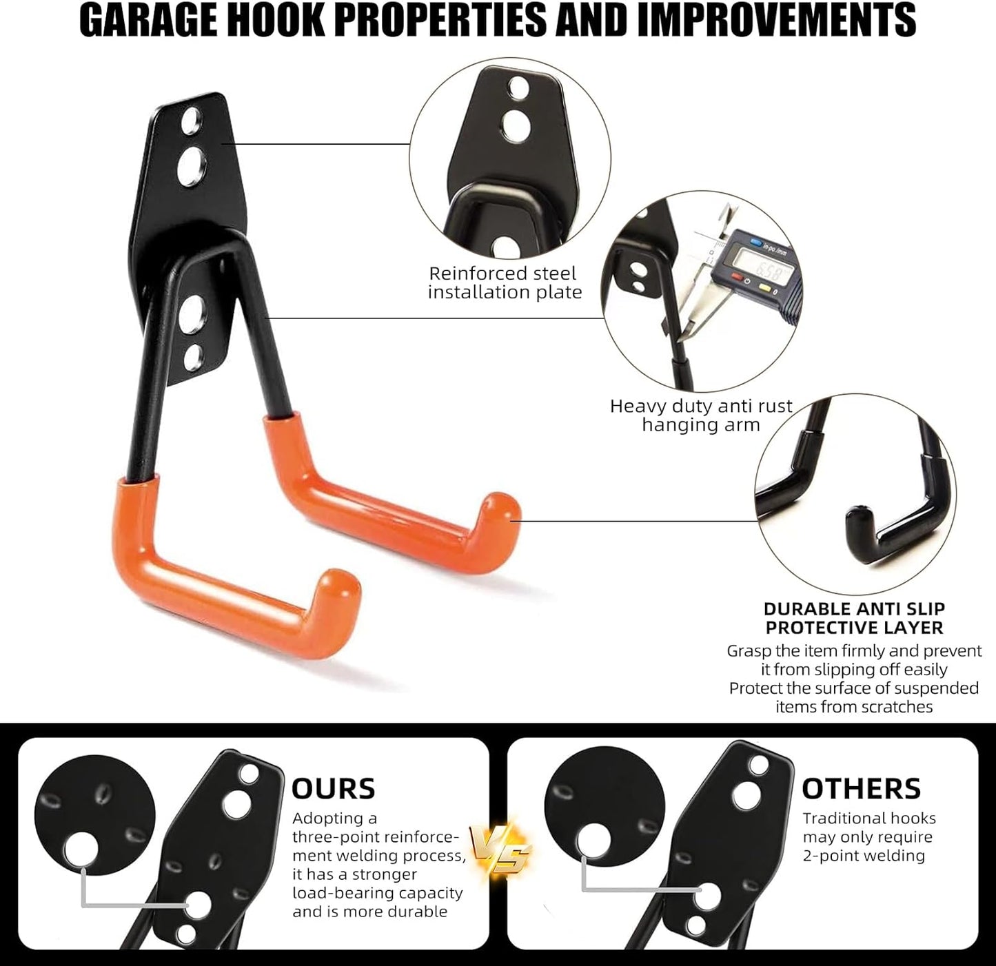 Garage Hooks, 6 Pack Medium Square Wall Hooks for Hanging Heavy Duty Ladders, Bikes, Tools Ideal for Garage, Garden, Basement Utility Room Storage (Orange)