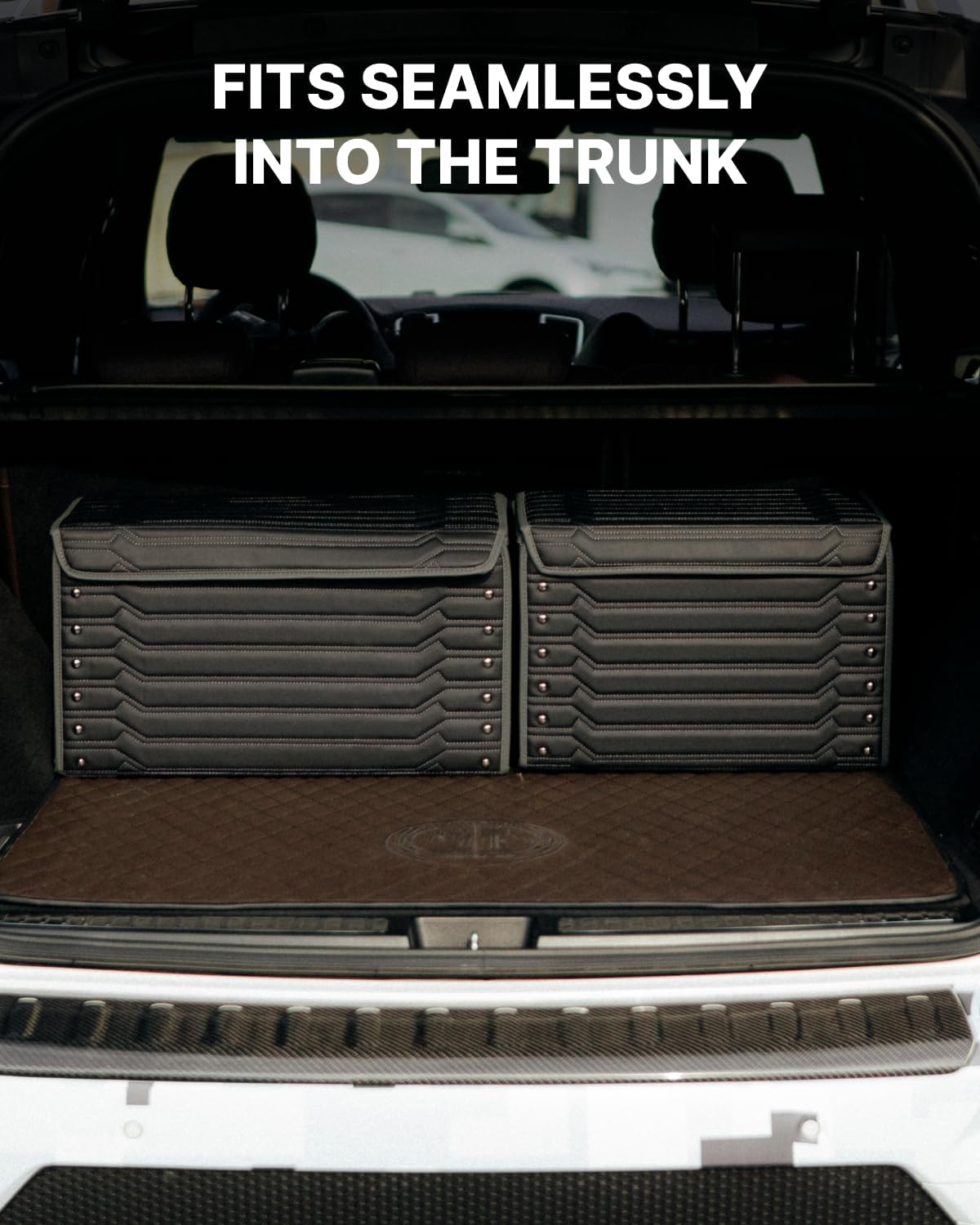 Trunk Storage 17.7" Collapsible Crate For Groceries, Tools & Travel Gear - Eco-Leather Car Organizer With Magnetic Lid - Practical Birthday Gift For Men (Highway 17)