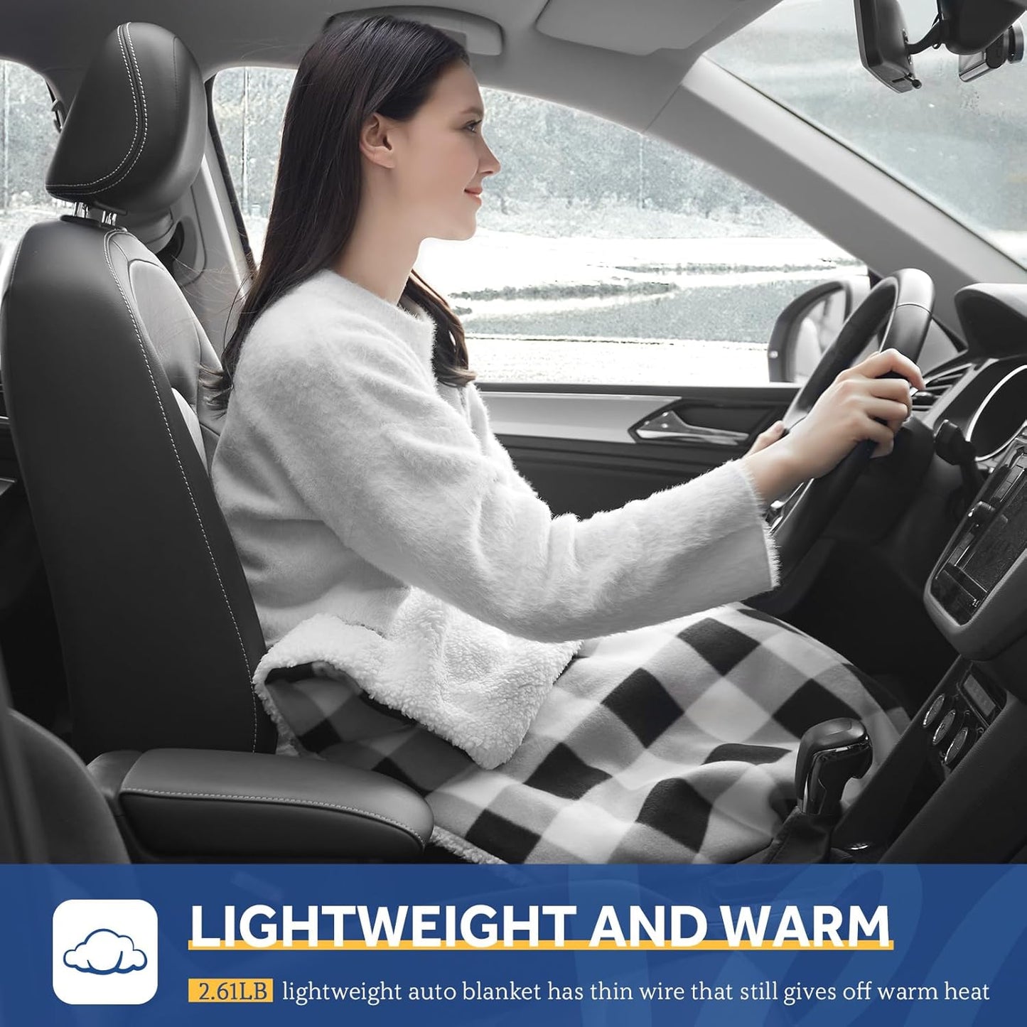 Sealy 12-Volt Heated Car Blanket, Portable Electric Blanket with 3 Heating Levels & 4 Hours Auto Off for Car, Truck, SUV, RV or Camping, Machine Washable, 59" X 43", Plaid