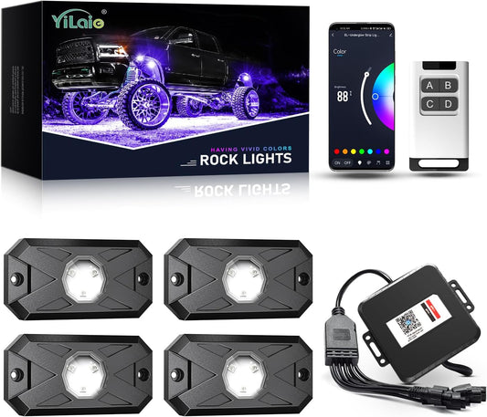 YiLaie RGB LED Rock Lights Kit 4 Pods, Upgraded Underglow Multicolor LED Light Pod with APP/RF Remote Control, Flashing Music Mode, Waterproof Multicolor Rock Lights for Trucks ATV UTV RZR SUV