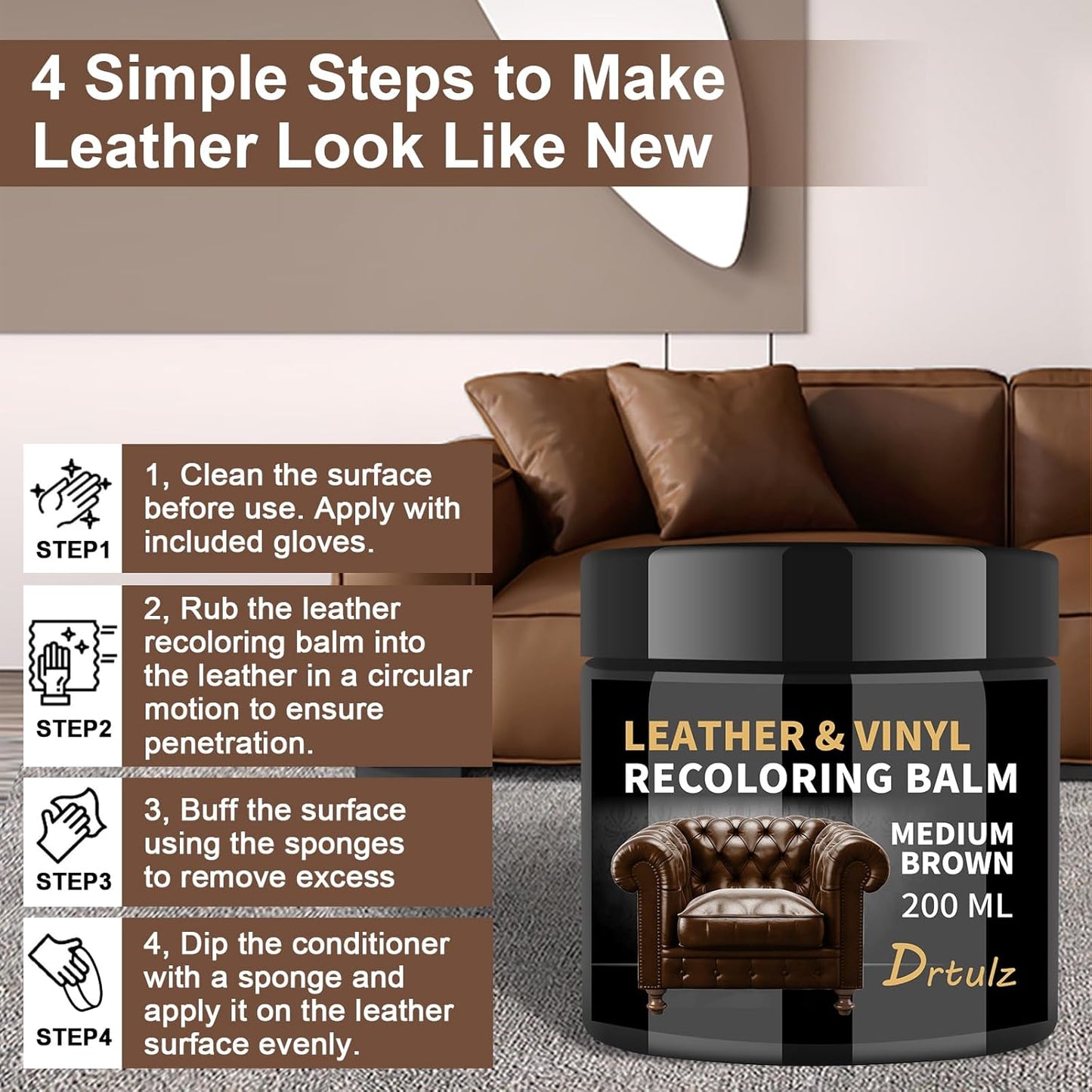 Leather Recoloring Balm, Leather Color Restorer Conditioner, Leather Restorer for Couches Paint, Leather Scratch Remover, Scratch Leather Faded Repair Kits for Vinyl Furniture (Medium Brown, 200ML)