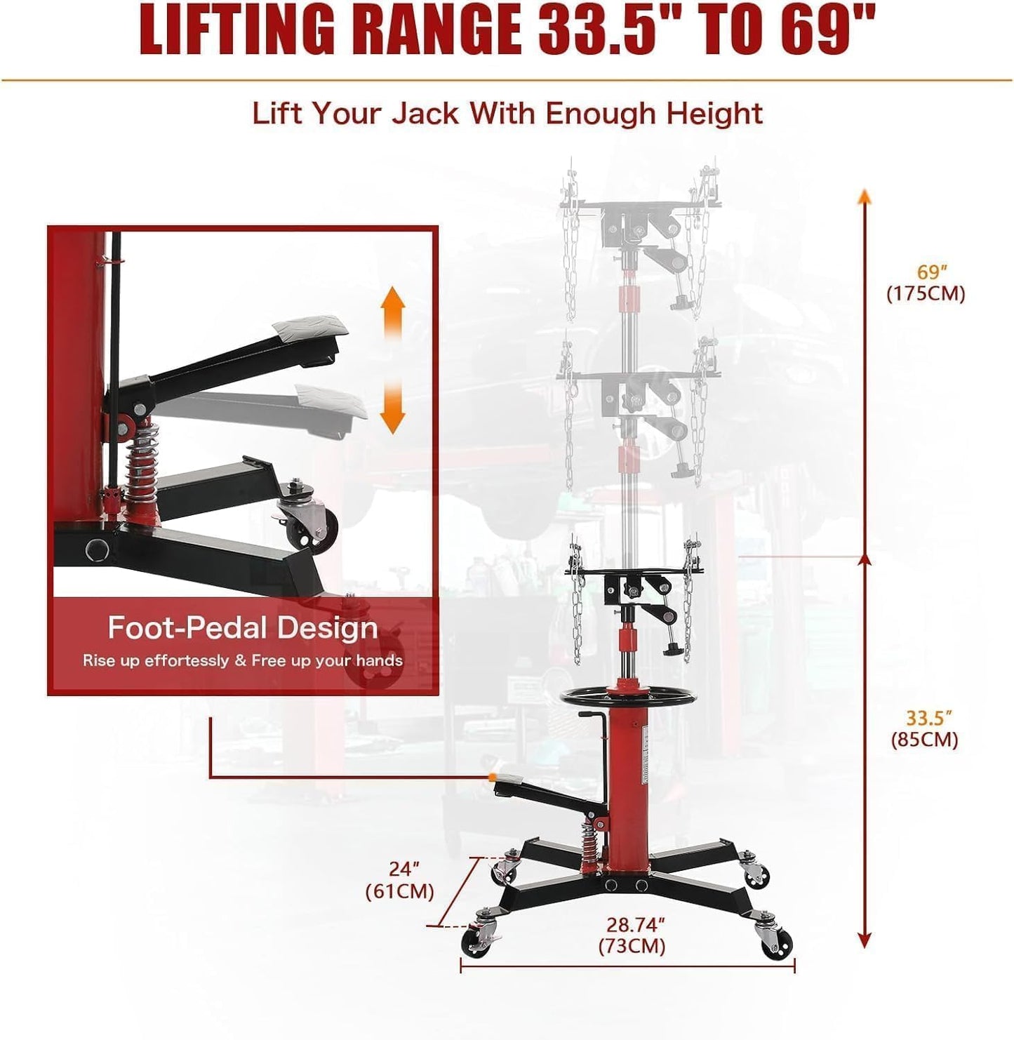 Transmission Jack 1322 LBS Hydraulic Telescoping 2-Stage Lift Jack Stand 33.8"-72.8" High Lift Transmission Jacks with Foot Pedal & 360° Swivel Wheels for for Garage/Workshop Car and Truck Repairs