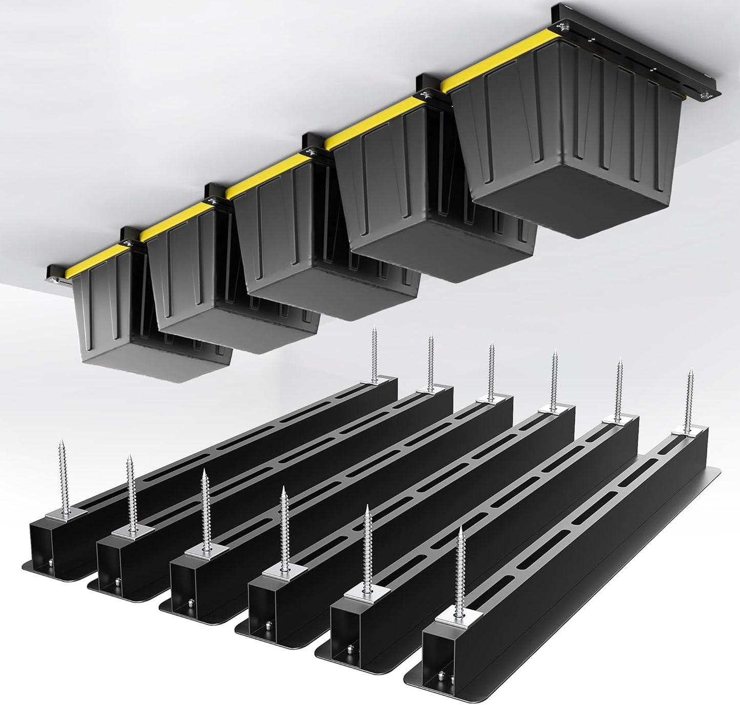 EVERHANGER Ceiling Storage Rack, Heavy Duty Overhead Garage Storage Rack, Adjustable Ceiling Bin Storage System, 6 Sets for 5 Bins, 26 Inch