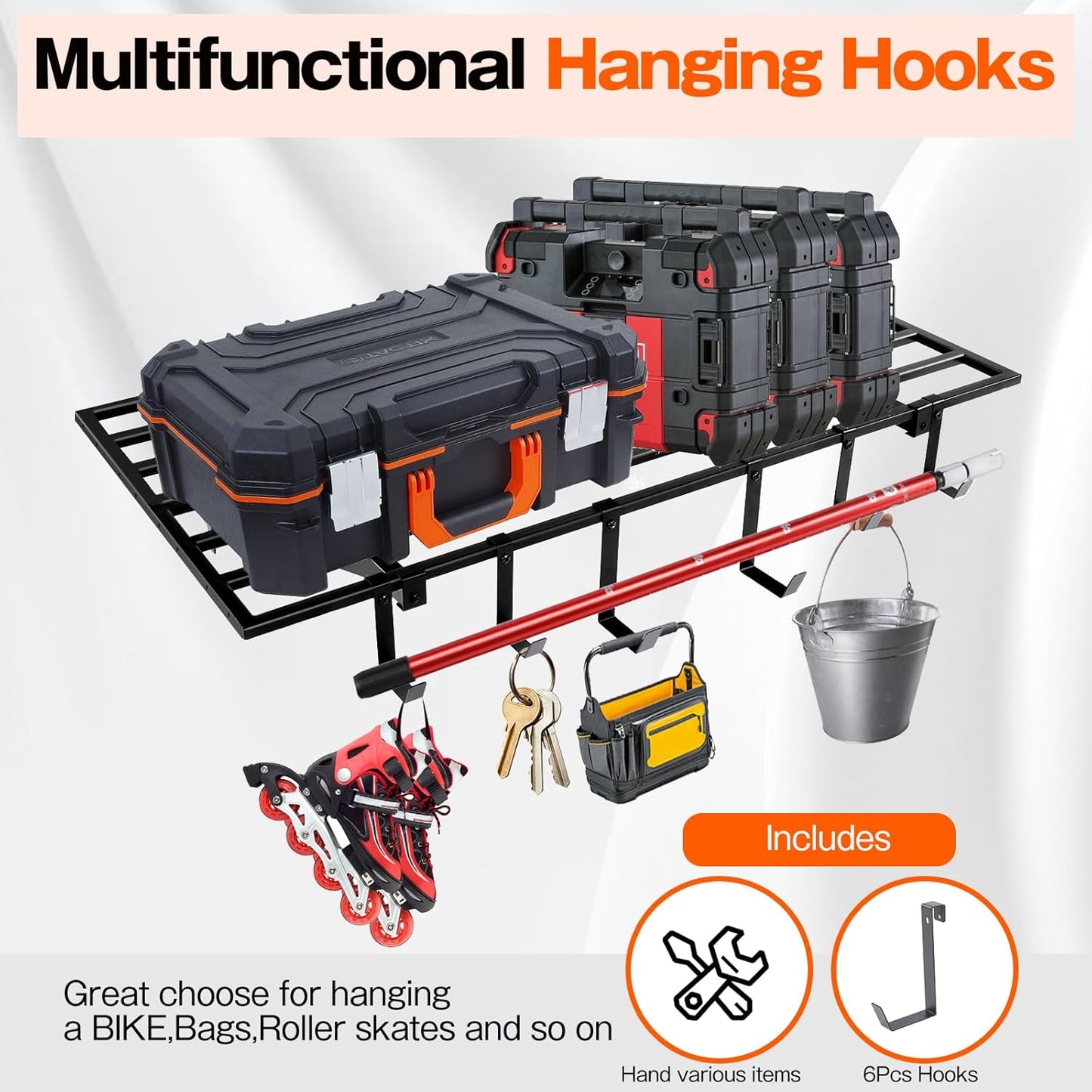 Garage Wall Shelving, 2X4ft Garage Storage Rack,Heavy Duty Wall Mounted Storage Shelf With 12 pc Hooks-Each Loads 260lbs Metal Wall Shelf,Black,2Pack