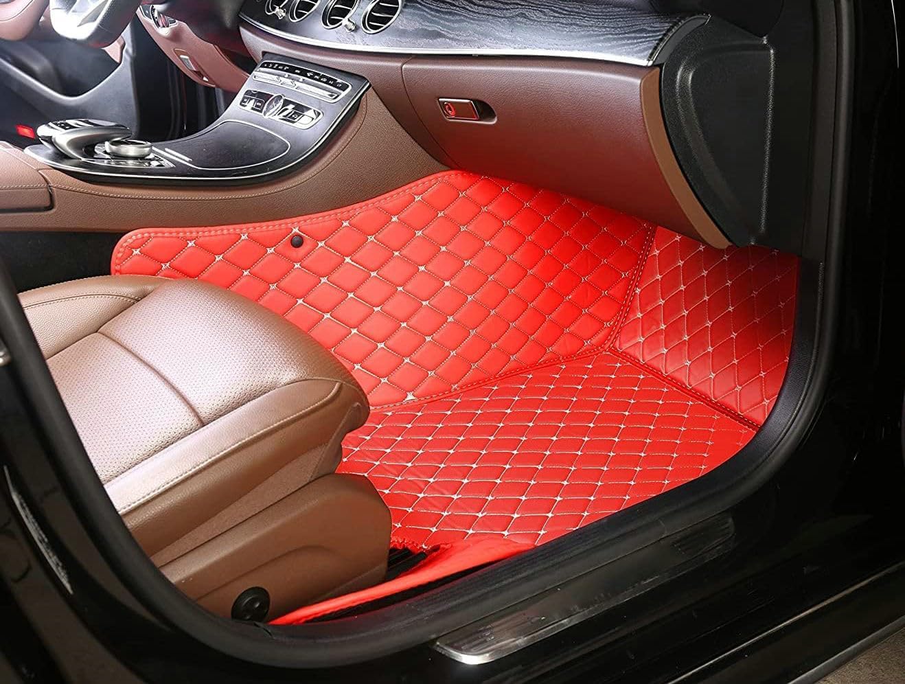 Custom Artificial Leather Waterproof All-Weather Car Floor Mats Fit for 99% Sedan SUV Sports Car Vehicle Car Mat (Red Black Stripe)