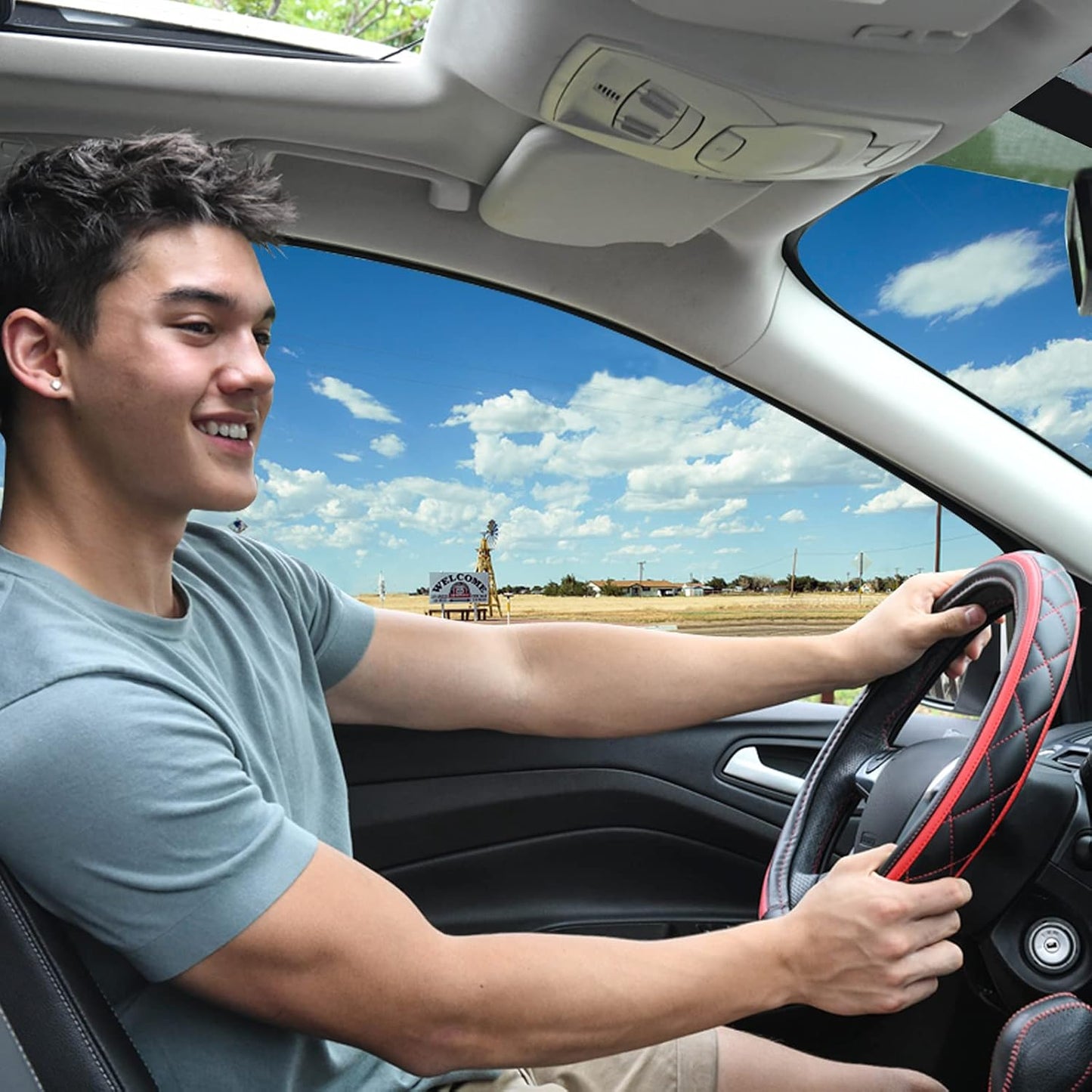 CAR PASS Sporty Quilting Leather Universal Fit Steering Wheel Cover,Fit for Suvs,Vans,Sedans,Trucks for 14.7" to 15" (Black & Red)