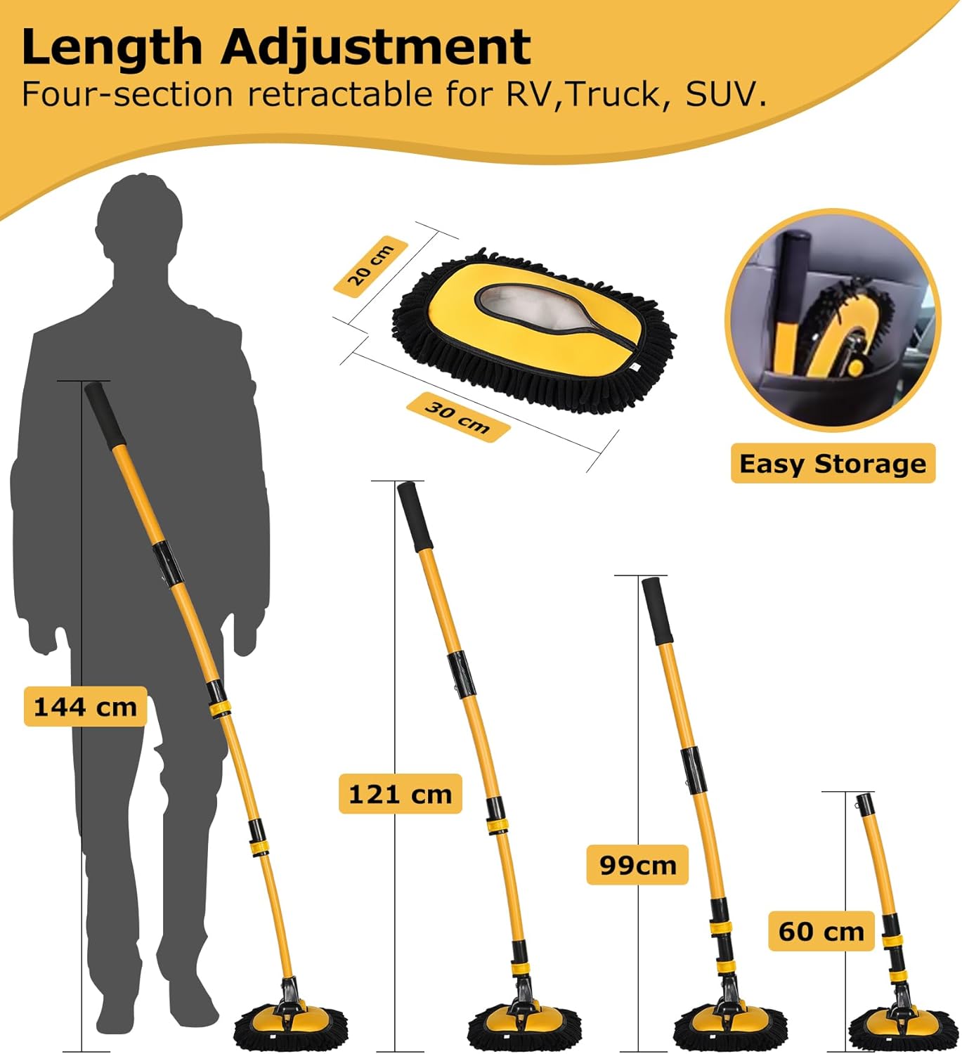 anngrowy 56.7" Car Wash Brush Mop Kit Mitt Sponge with Long Handle Car Cleaning Supplies Kit Tools Car Washing Duster Exterior Scratch Free, Chenille Replacement Head Extension Pole