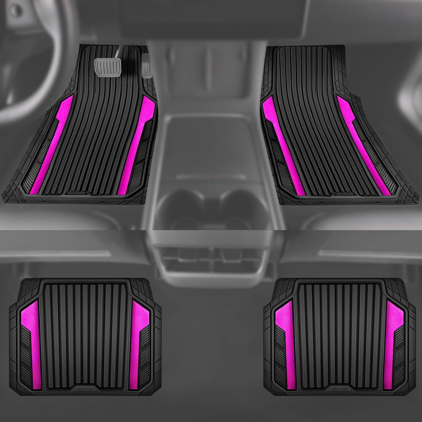 CAR PASS Heavy Duty Rubber Car Mats Metallic, Aluminum Film All Weather Floor Mats Waterproof Universal Trim to Fit for SUV Sedan Van 4 Piece Anodized Deep Dish Two-Tone Sporty Black Hot Pink Chrome